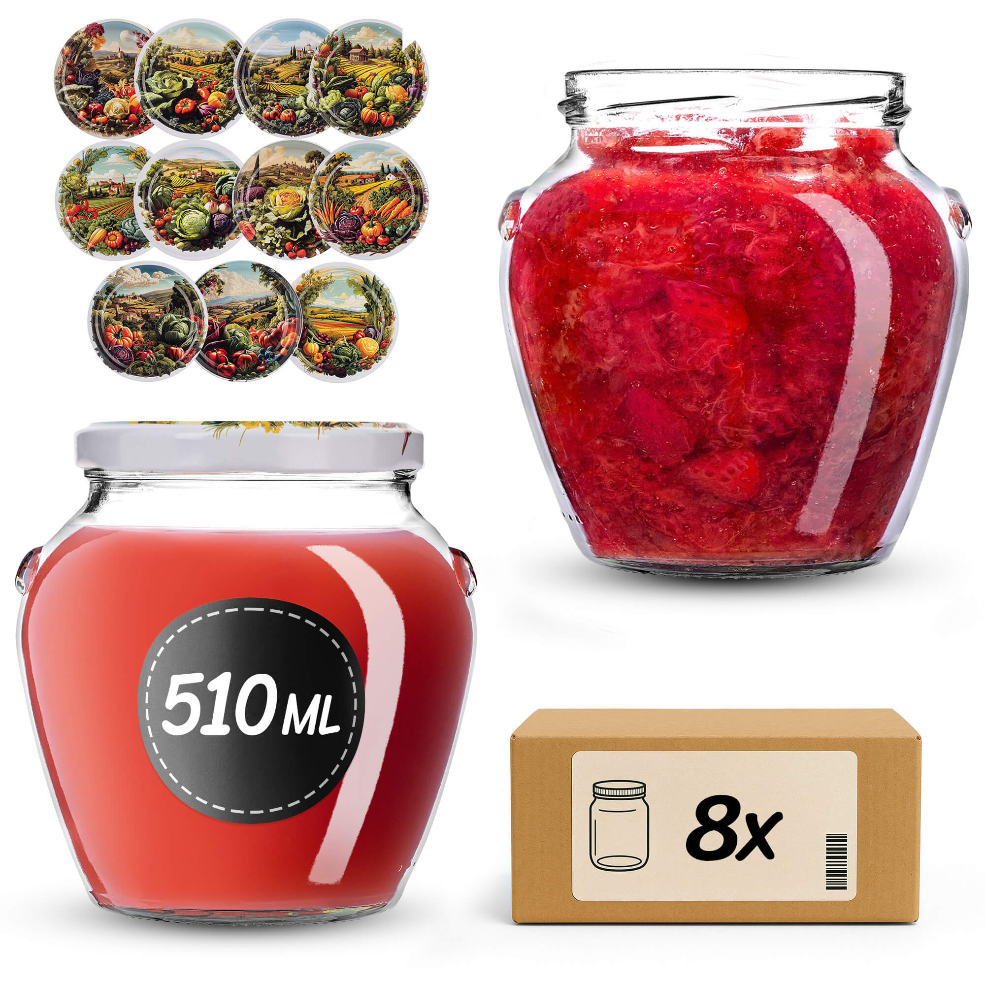 Słoiki na przetwory Sassa 580ml 8szt 82mm + wieczka "Warzywa w okręgu"