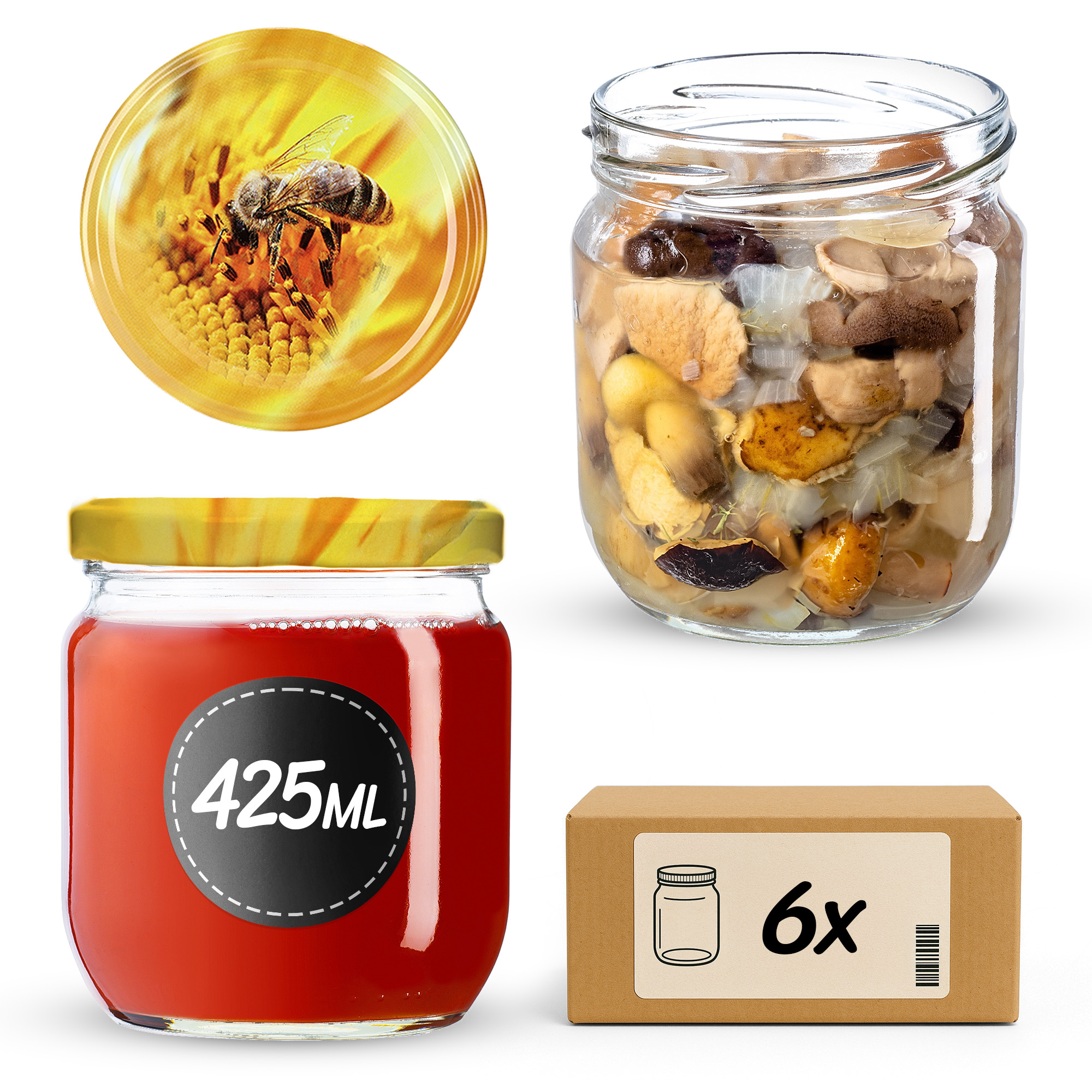 Słoiki na przetwory Salla 425ml 6szt 82mm + wieczka "Pszczoła"