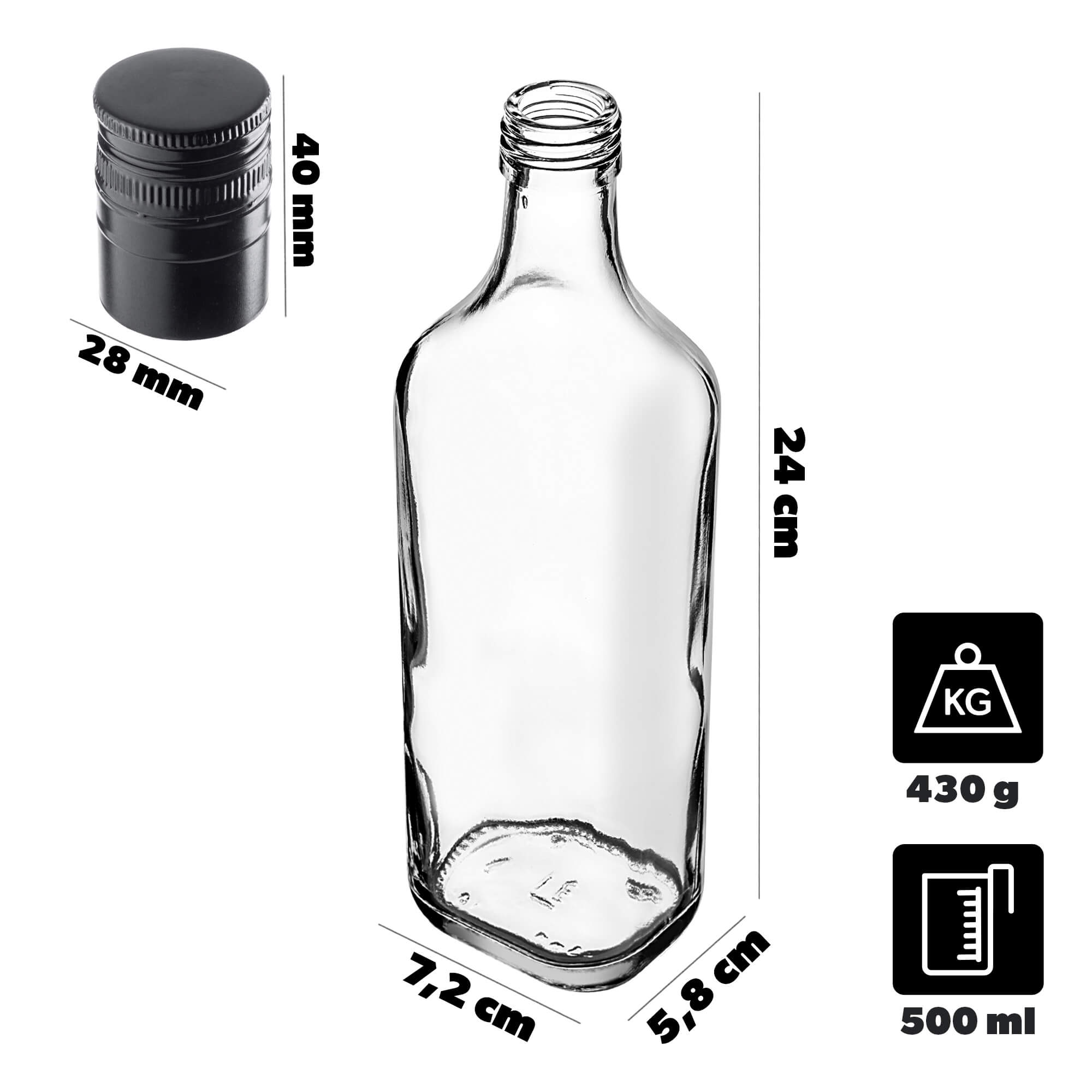 Szklana butelka na whisky Vigna 500ml z długą czarną zakrętką 1 szt.