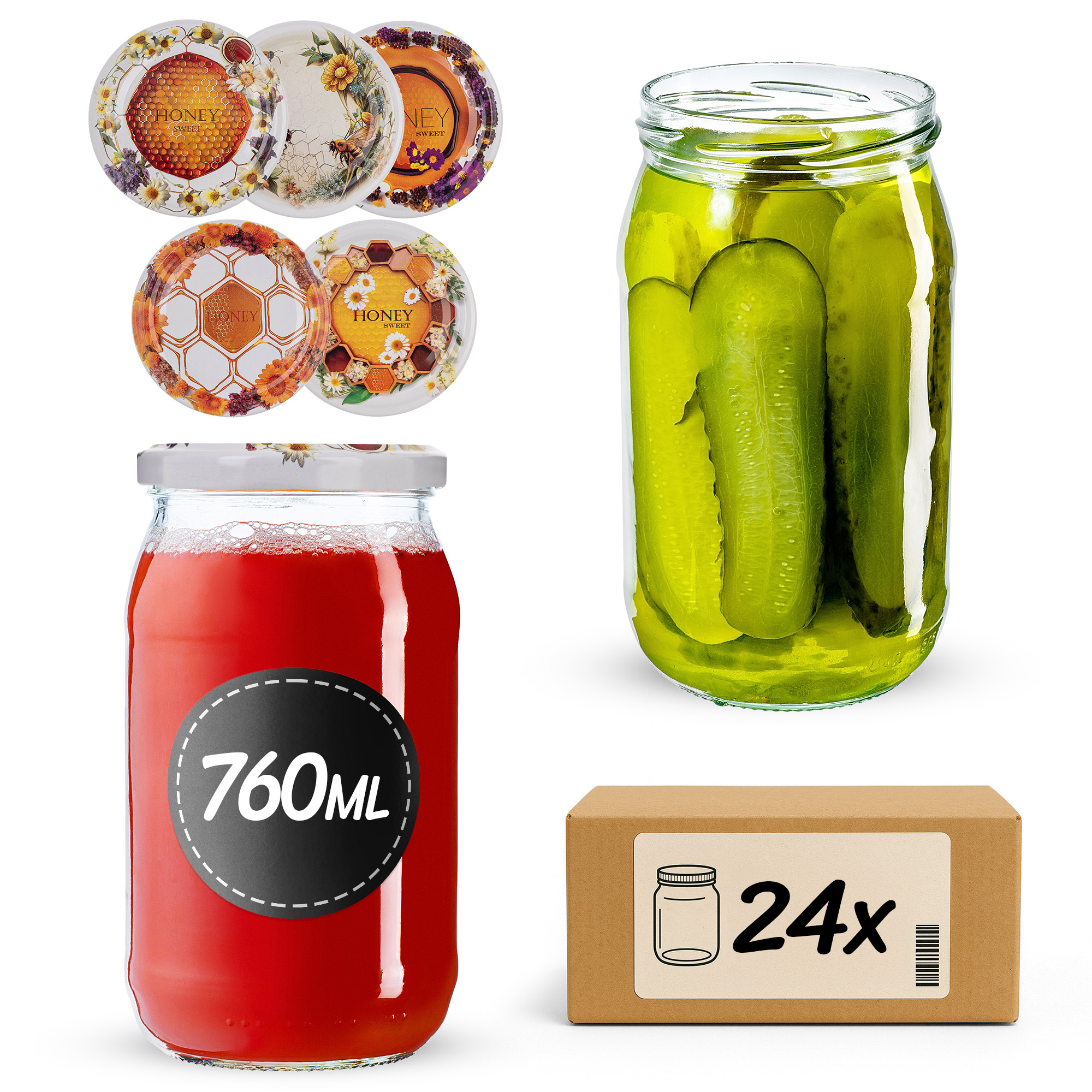 Słoiki na przetwory Niva 760ml fi82mm 24szt + wieczko Miodowy mix