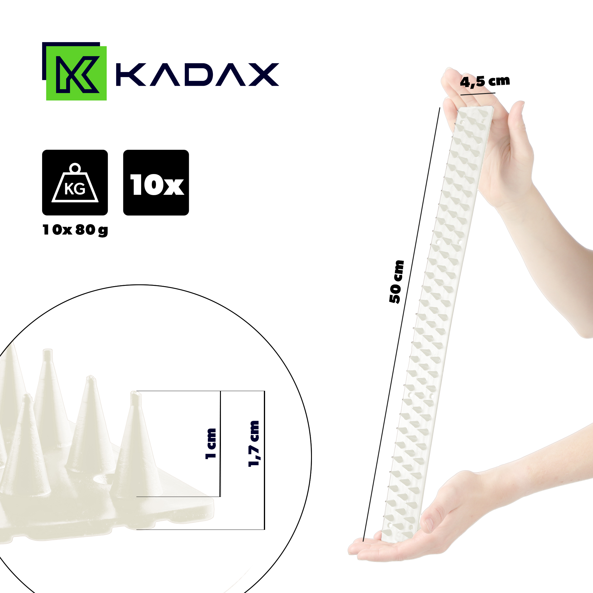 Plastikowe kolce Tosta przeciw ptakom 4,5 x 50 cm białe 10 szt.
