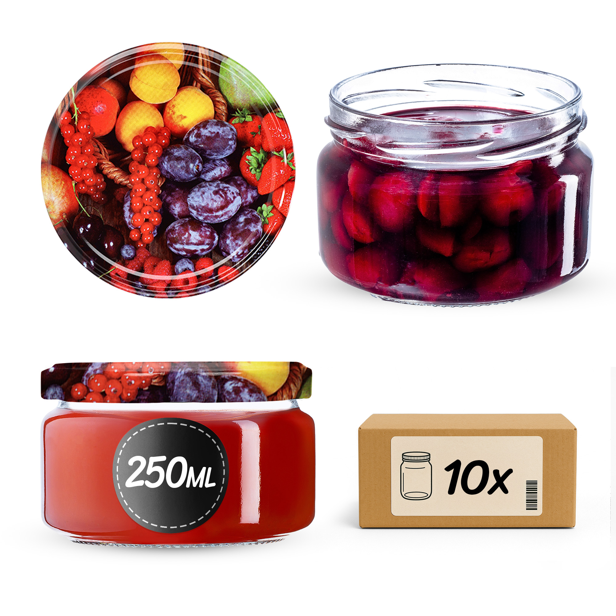 Słoiki na przetwory Denia 250ml 10szt 82mm + wieczko "Mix Owoców"