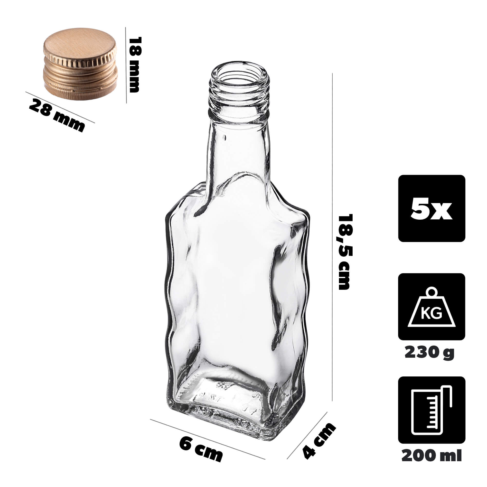 Szklana butelka na nalewkę Fala 200ml ze złotą zakrętką 5 szt.