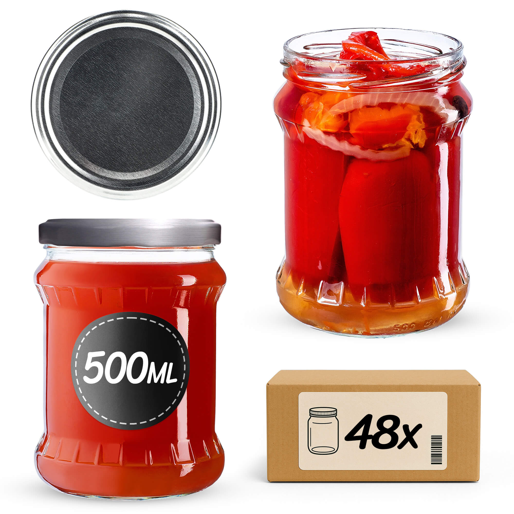 Słoiki na przetwory Kisko 500ml 48szt 82mm + wieczka srebrne