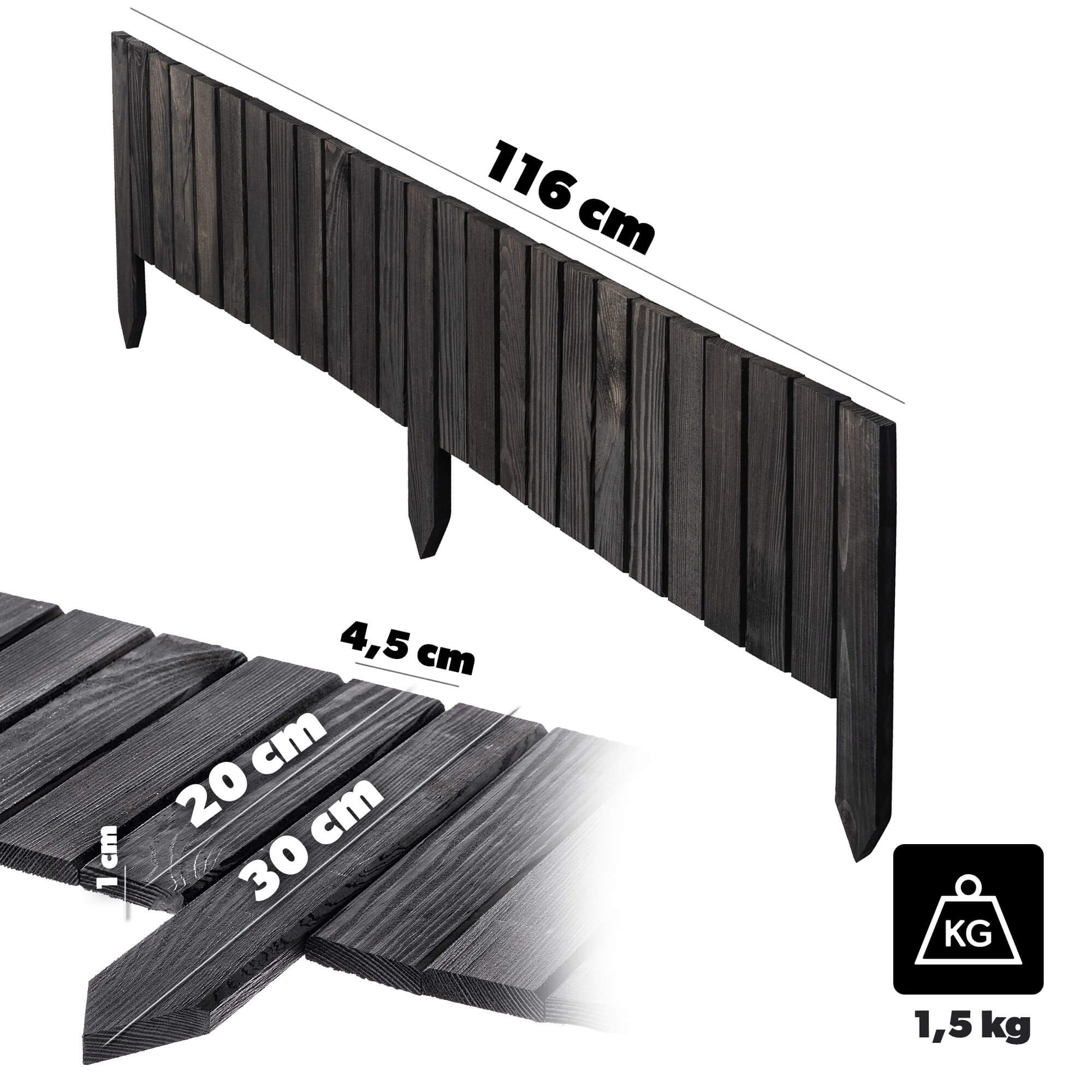 Płotek drewniany rollborder Ansjo obrzeże 115 x 20 cm antracyt