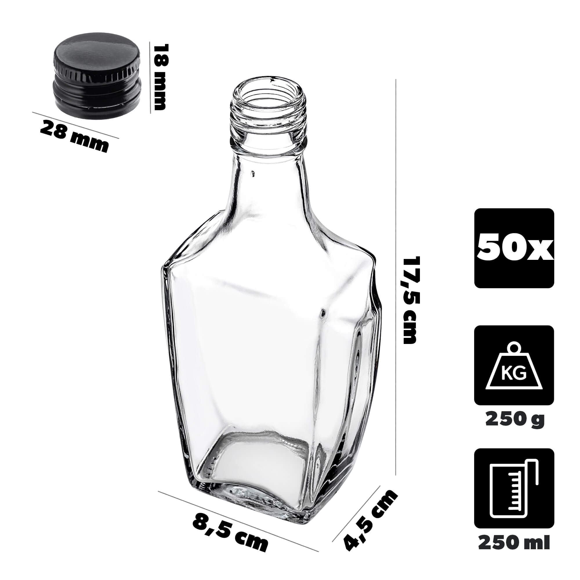 Szklana butelka na nalewkę Faenza 250ml z czarną zakrętką 50 szt.