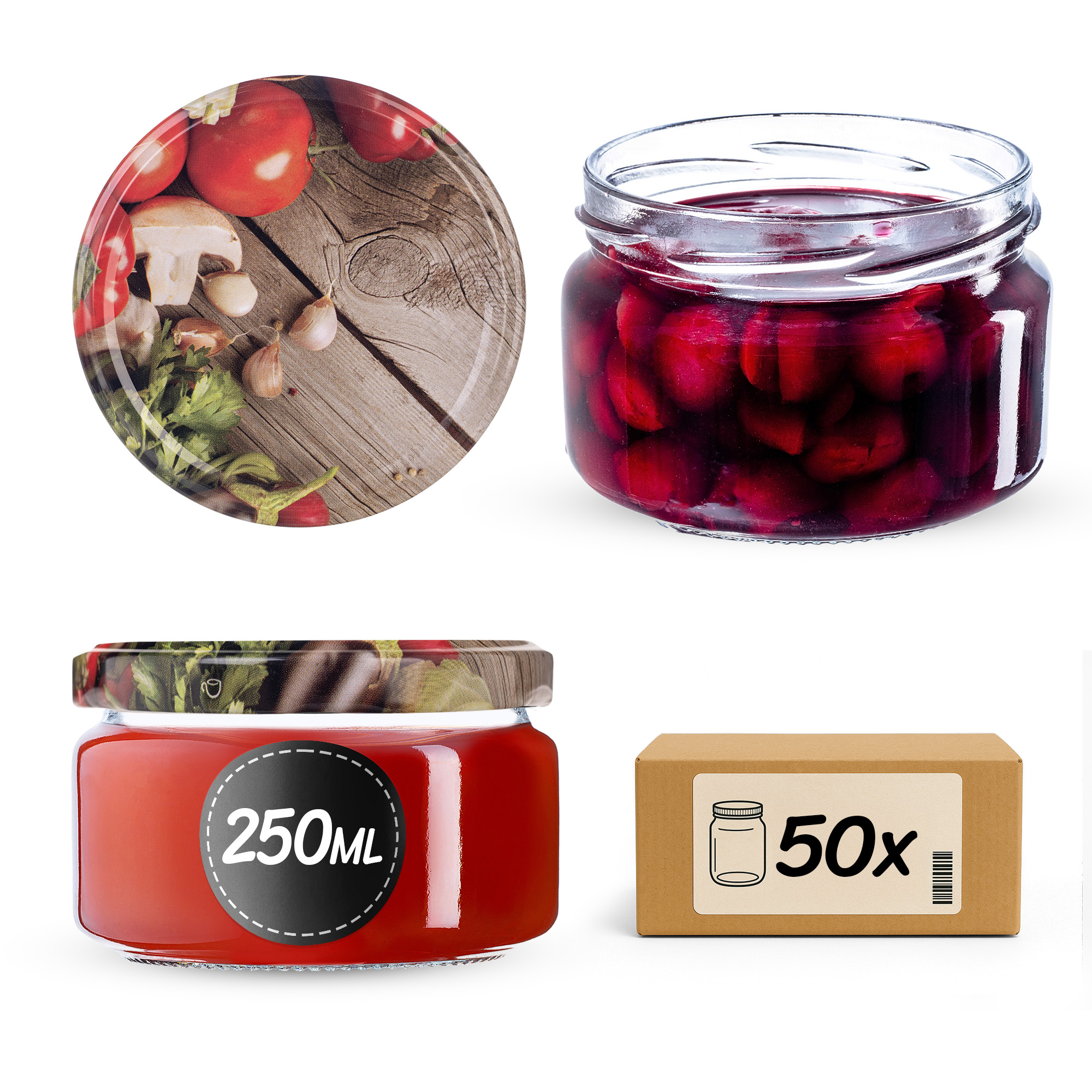 Słoiki na przetwory Denia 250ml 50szt 82mm + wieczko "Pieczarka i czosnek"