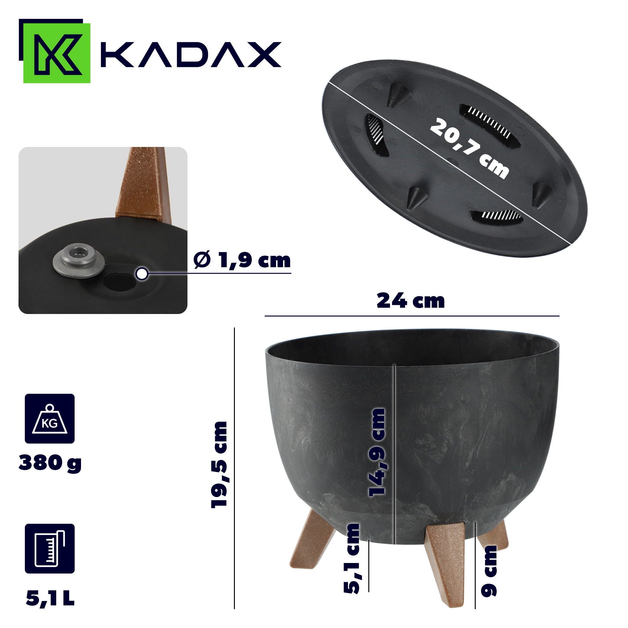 Misa na kwiaty z nóżkami Mably 24 cm czarny beton