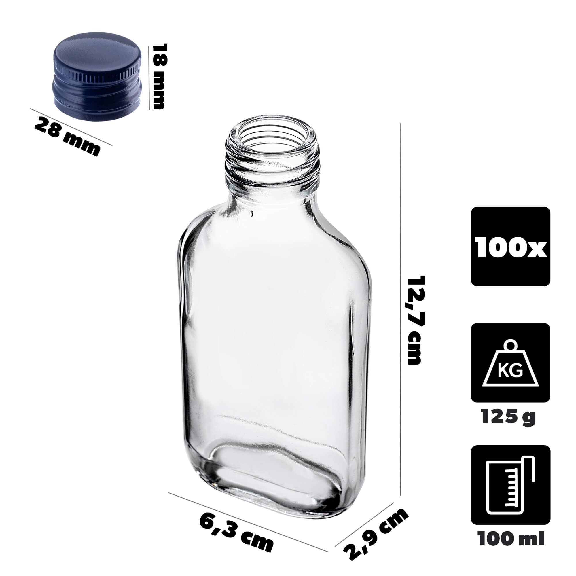 Butelka piersiówka Viane 100ml z granatową zakrętką 100 szt.