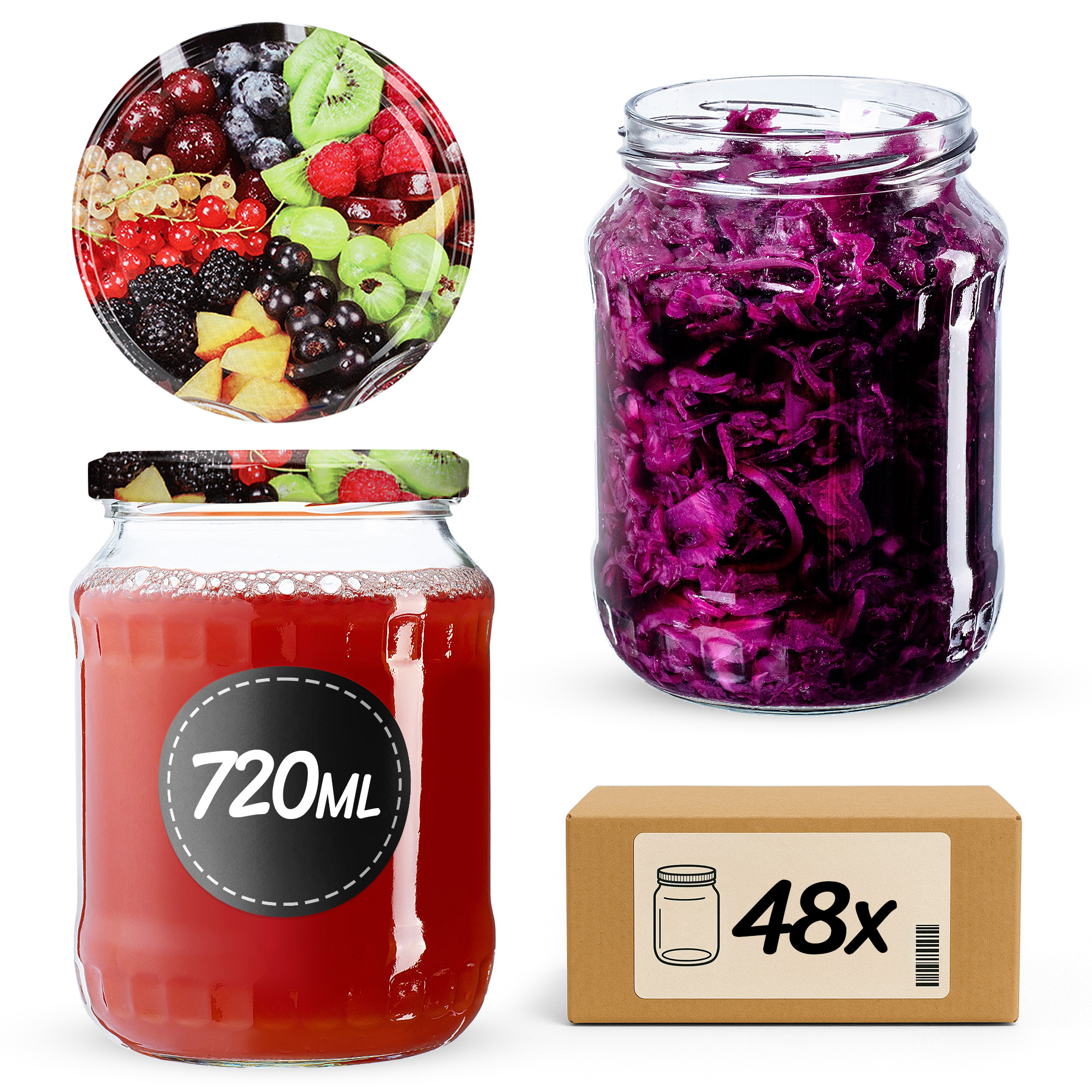 Słoiki na przetwory Jukka 720ml 48szt 82mm + wieczka "Owoce"