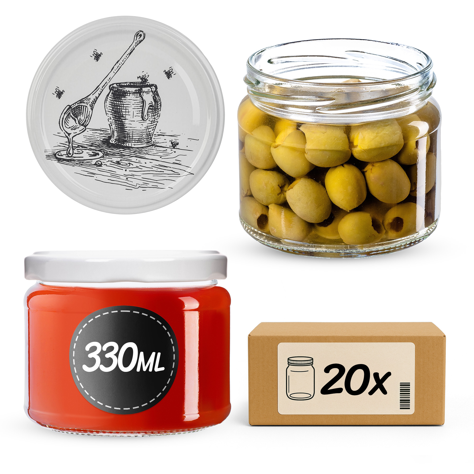 Słoiki na przetwory Sonka 330ml fi82mm 20szt + wieczko Pszczoła