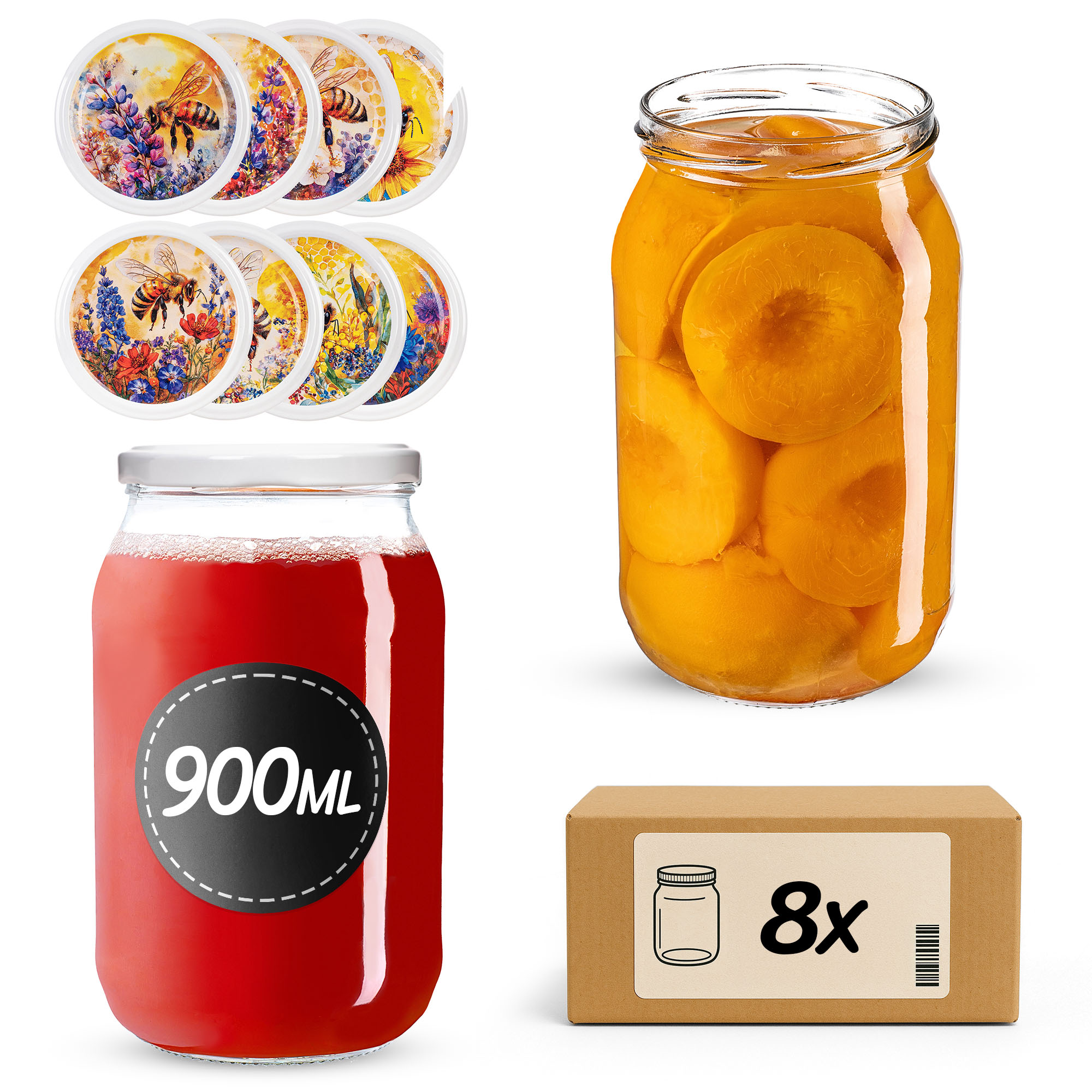 Słoiki na przetwory Simo 900ml fi82mm 8szt + wieczko Bee of the field