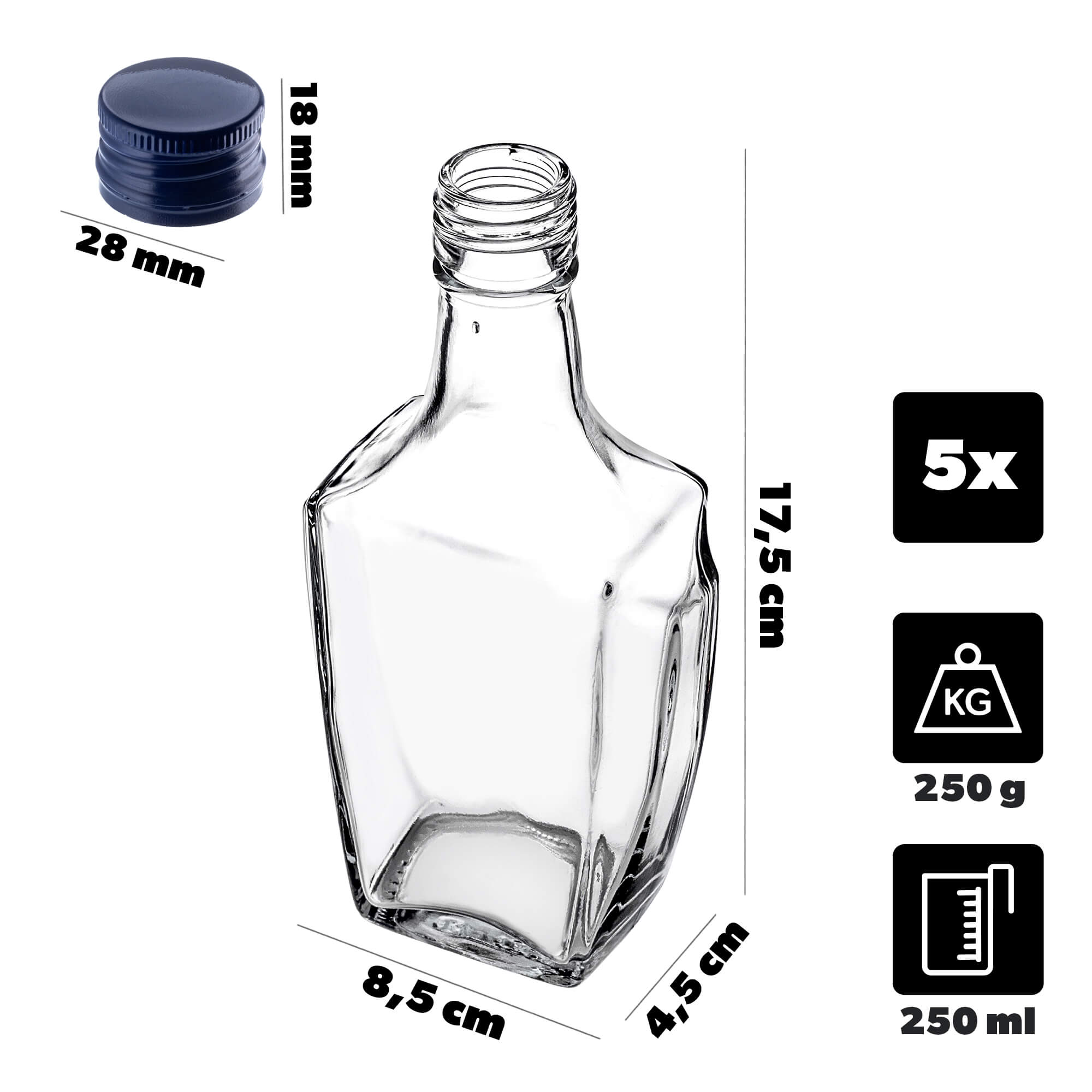 Szklana butelka na nalewkę Faenza 250ml z granatową zakrętką 5 szt.