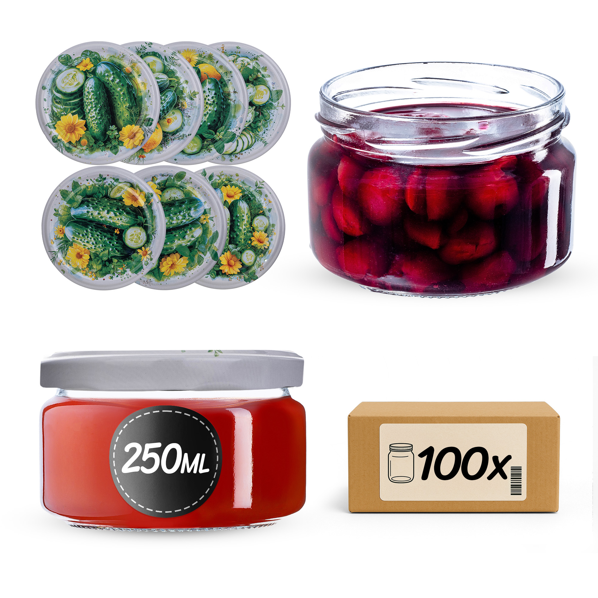 Słoiki na przetwory Denia 250ml 100szt 82mm + wieczko "Ogórki"