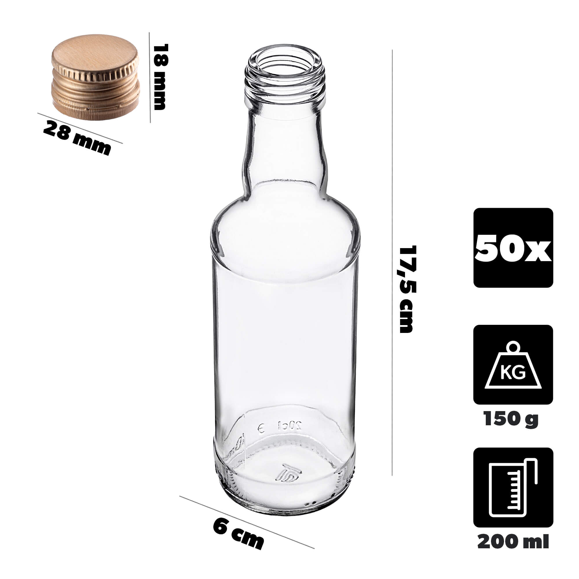 Szklana butelka Monopol 200ml ze złotą zakrętką 50 szt.