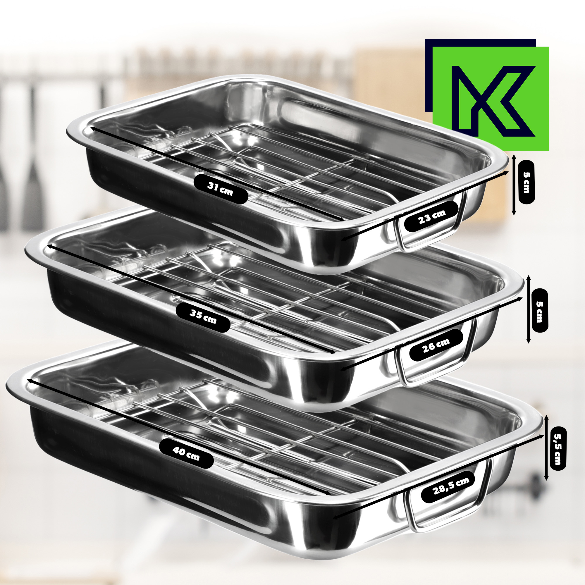 Brytfanny z rusztem 30 + 35 + 40 cm, srebrne