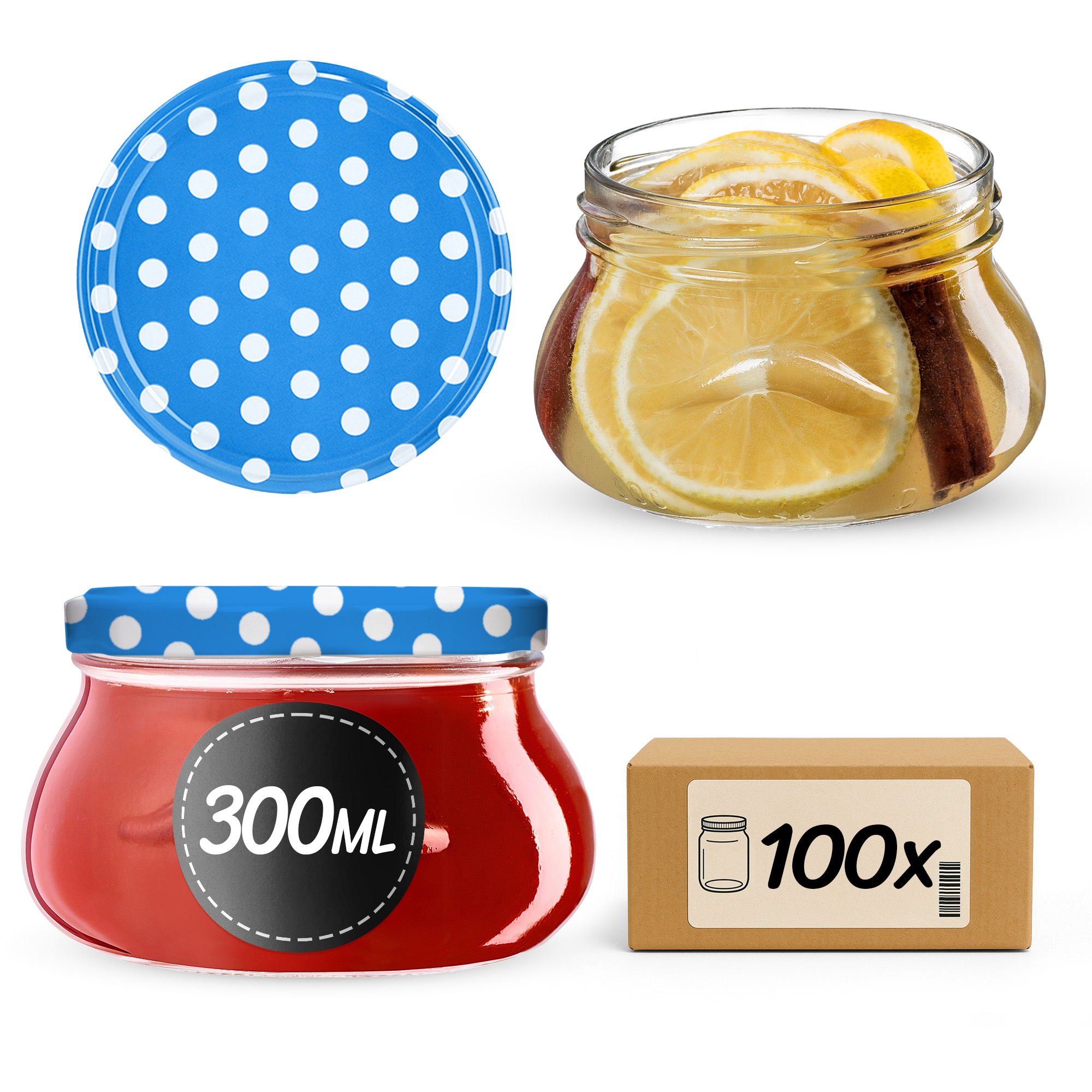Słoiki na przetwory Raja 300ml fi82mm 100szt + wieczko Groszek niebieski