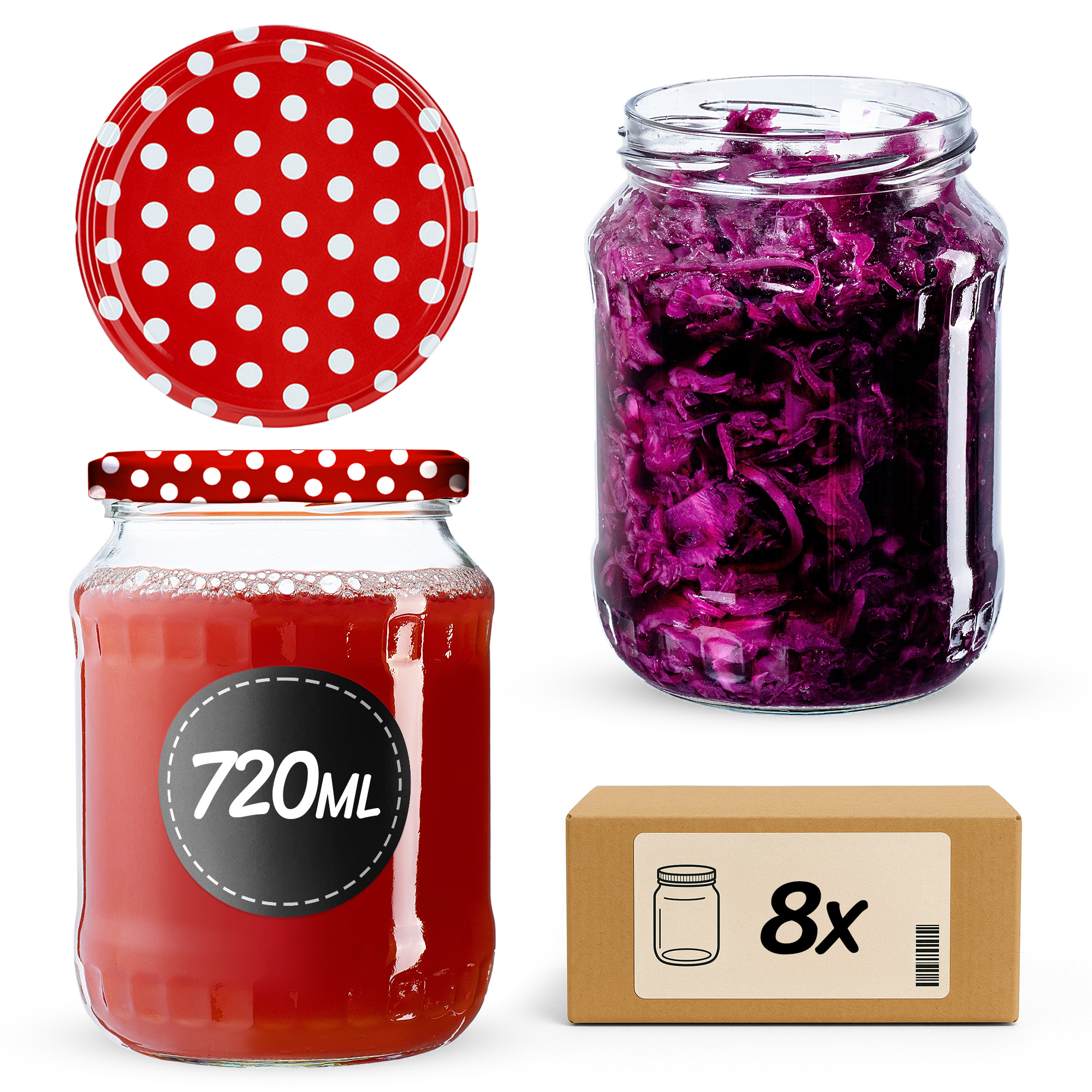Słoiki na przetwory Jukka 720ml 8szt 82mm + wieczka "Groszek czerwony"