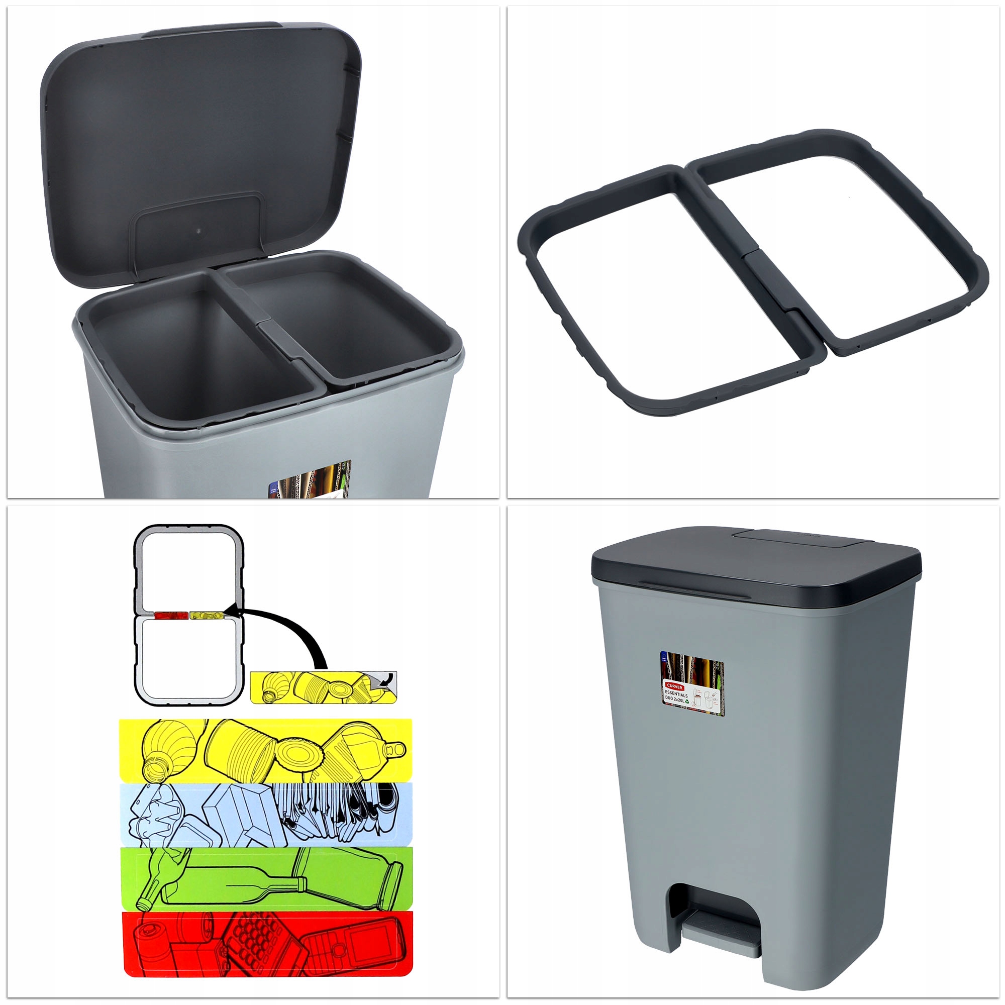 Kosz na śmieci do segregacji Curver Duo 40L, szary