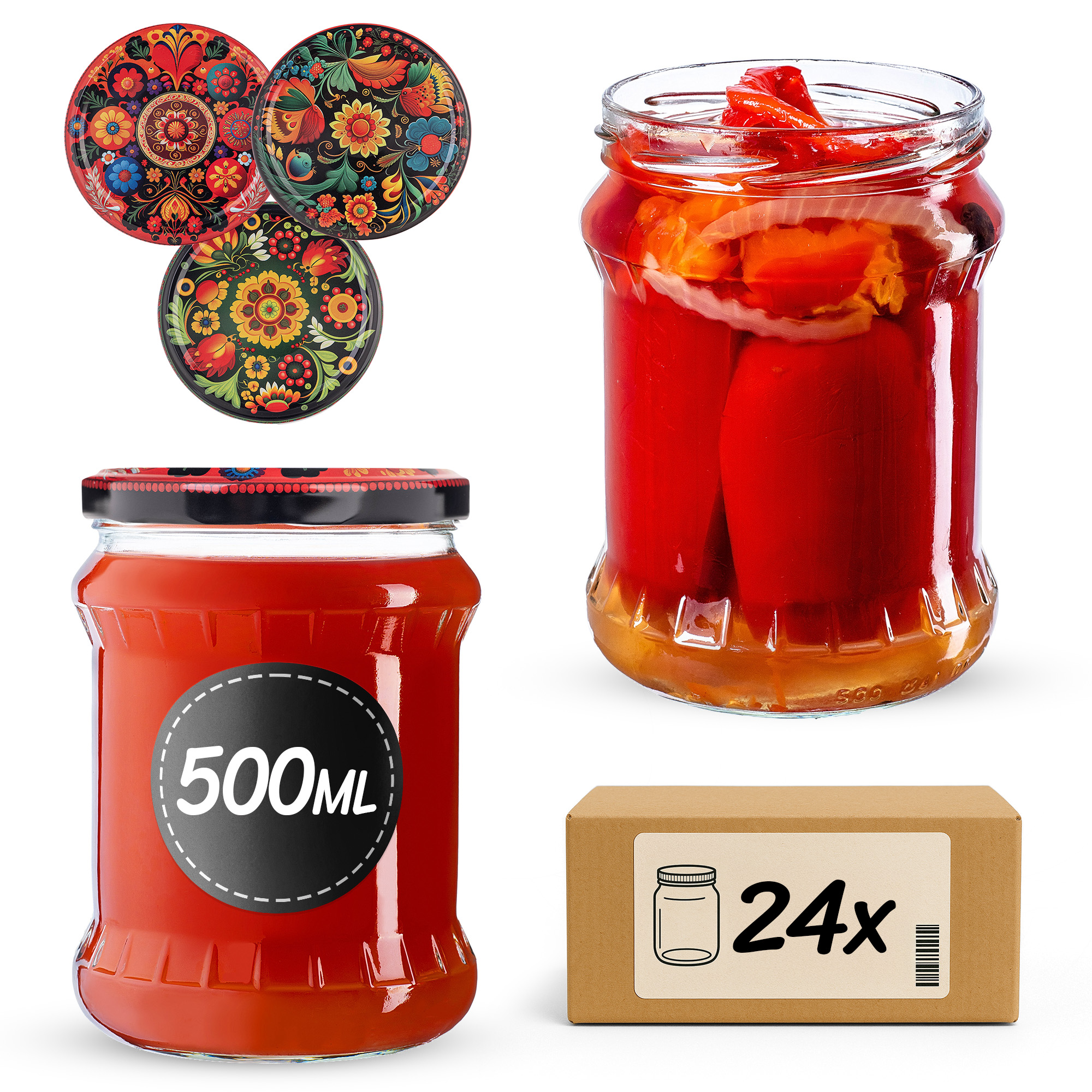 Słoiki na przetwory Kisko 500ml fi82mm 24szt + wieczko Haftowanka