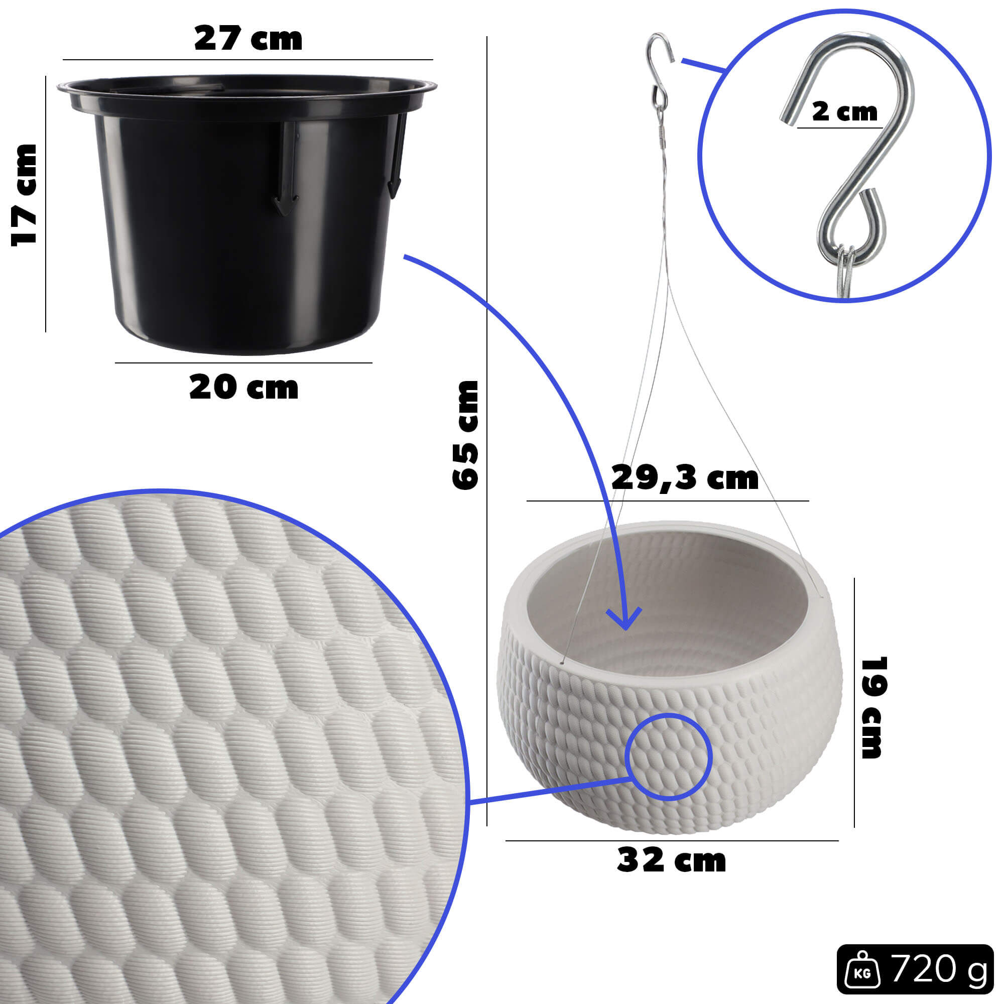 Doniczka kula wisząca z wkładem Serro 29 cm, szara