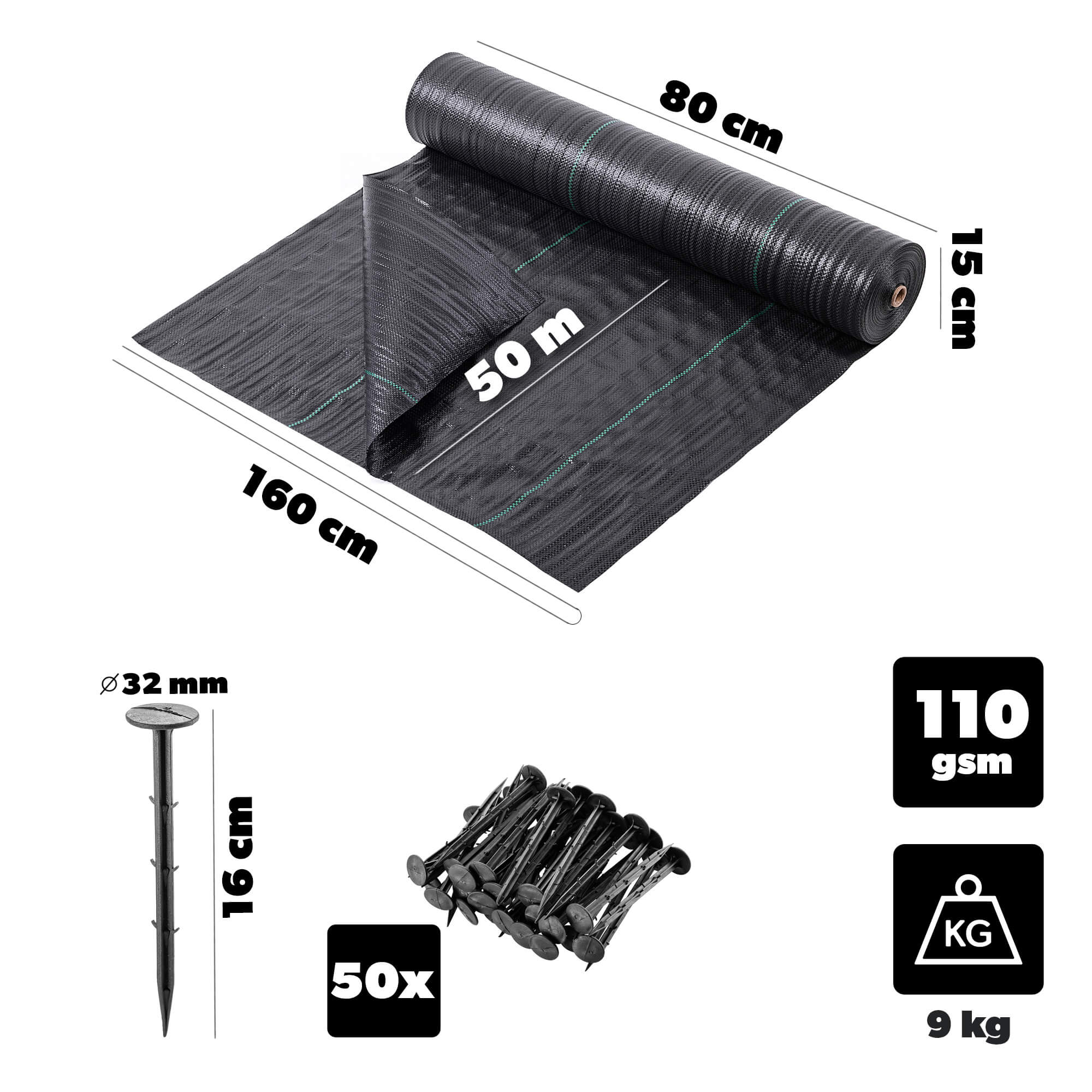 Agrotkanina ogrodowa Auros 1.6 x 50m 110 g/m² czarna + kołki 50 szt.