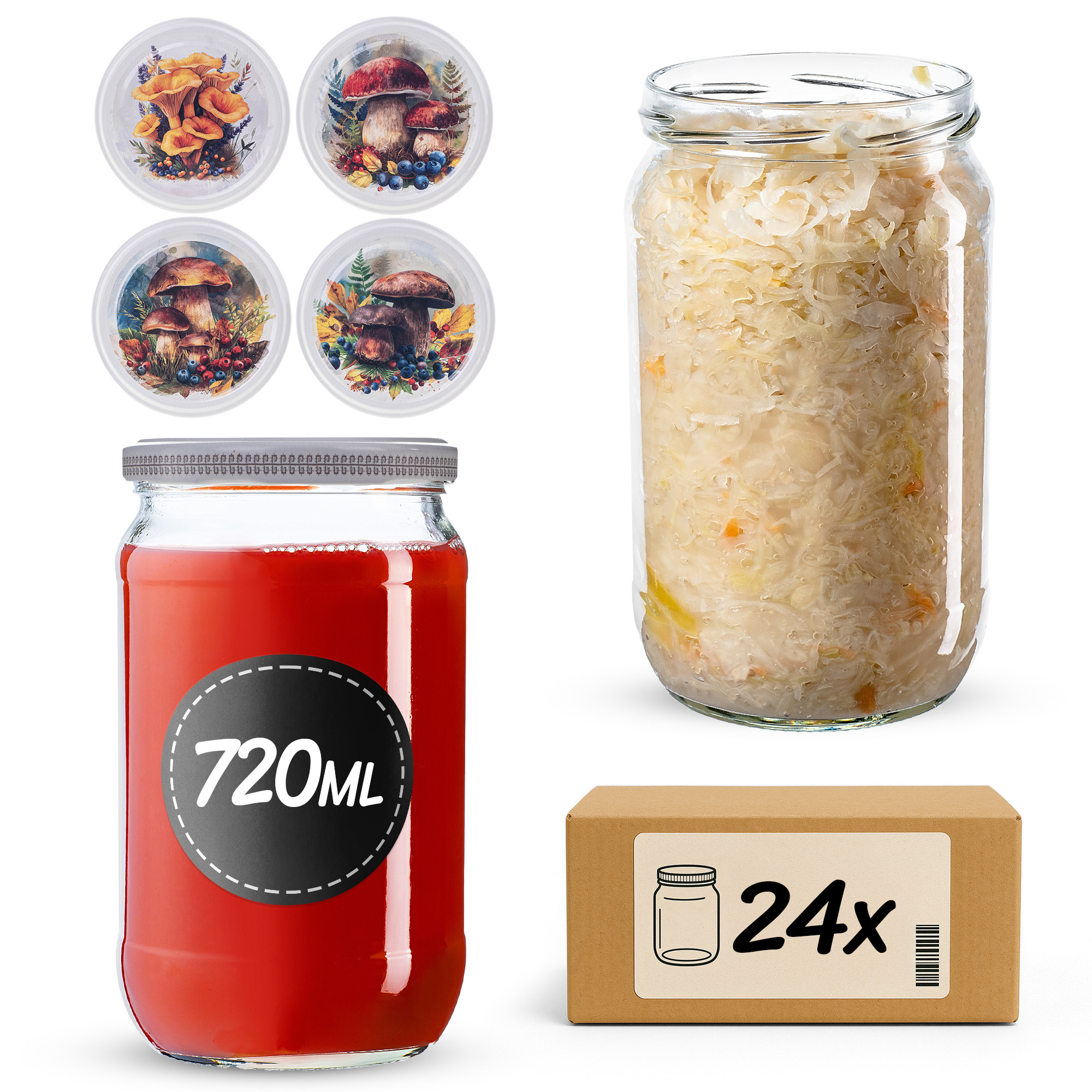 Słoiki na przetwory Niva 720ml fi82mm 24szt + wieczko Grzyb akwarela
