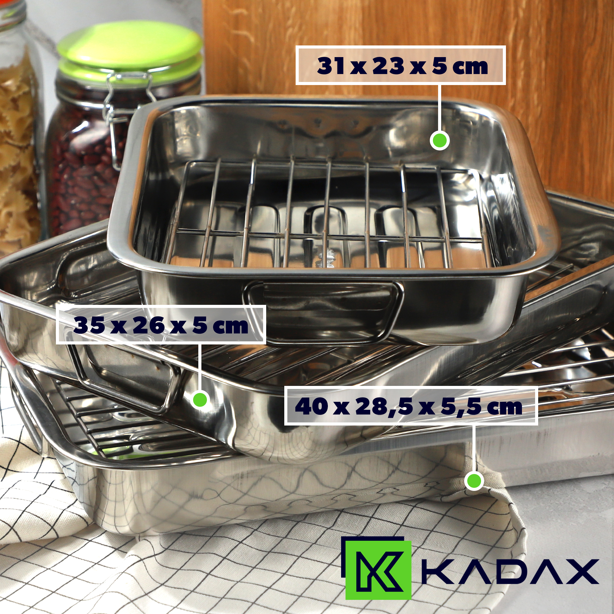 Brytfanny z rusztem 30 + 35 + 40 cm, srebrne