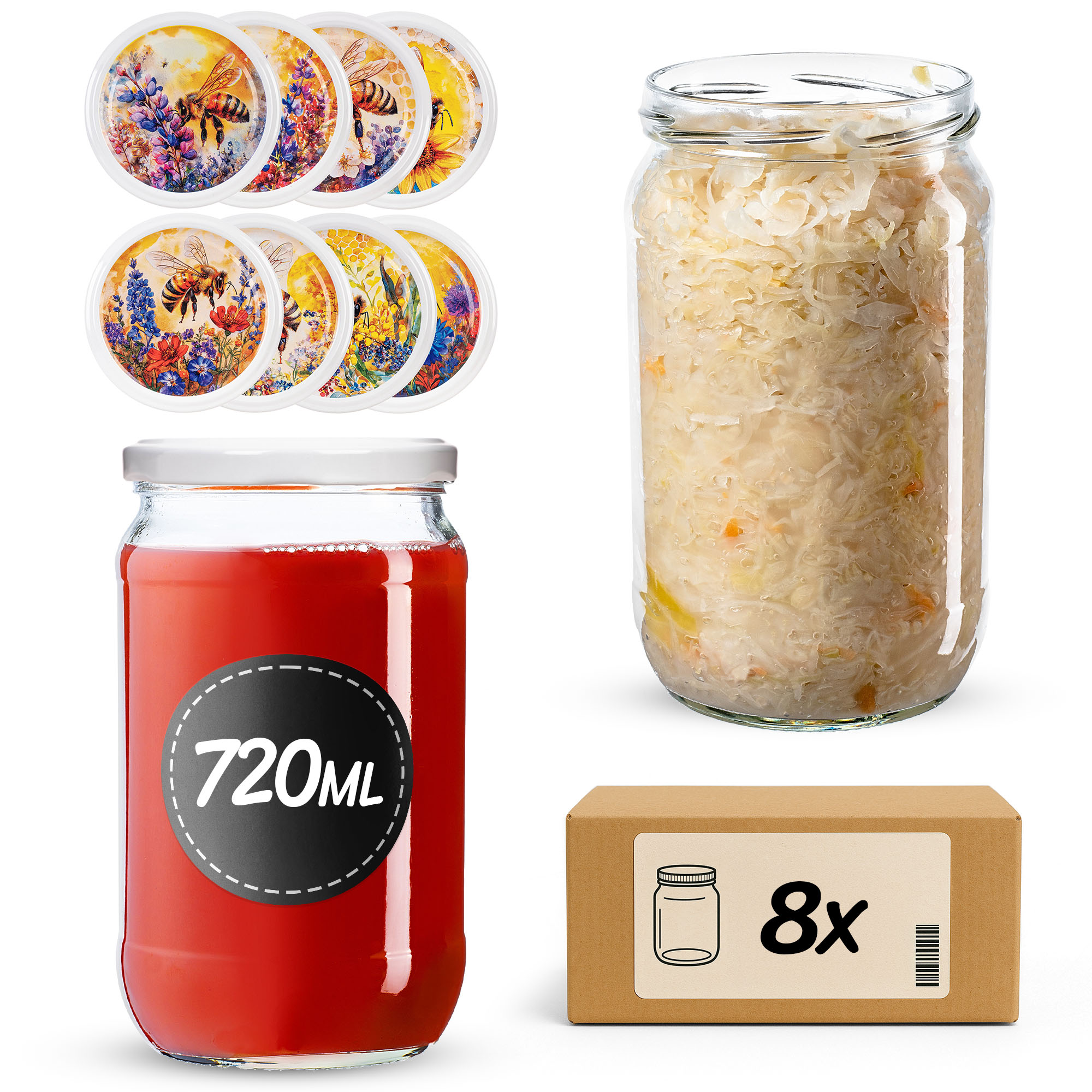 Słoiki na przetwory Niva 720ml fi82mm 8szt + wieczko Bee of the field