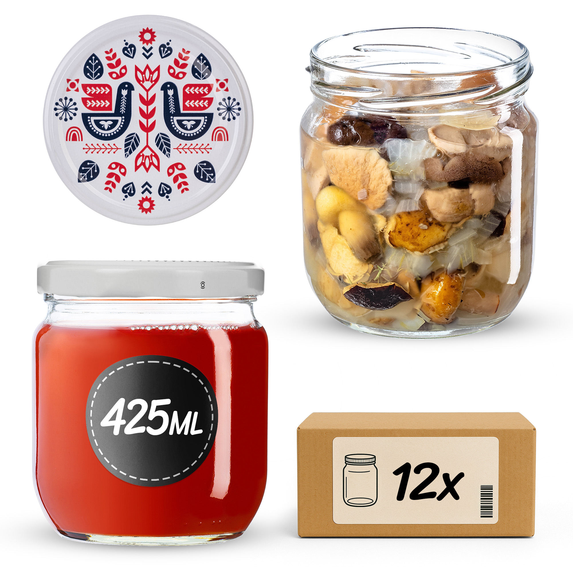 Słoiki na przetwory Salla 425ml fi82mm 12szt + wieczko Kurpie