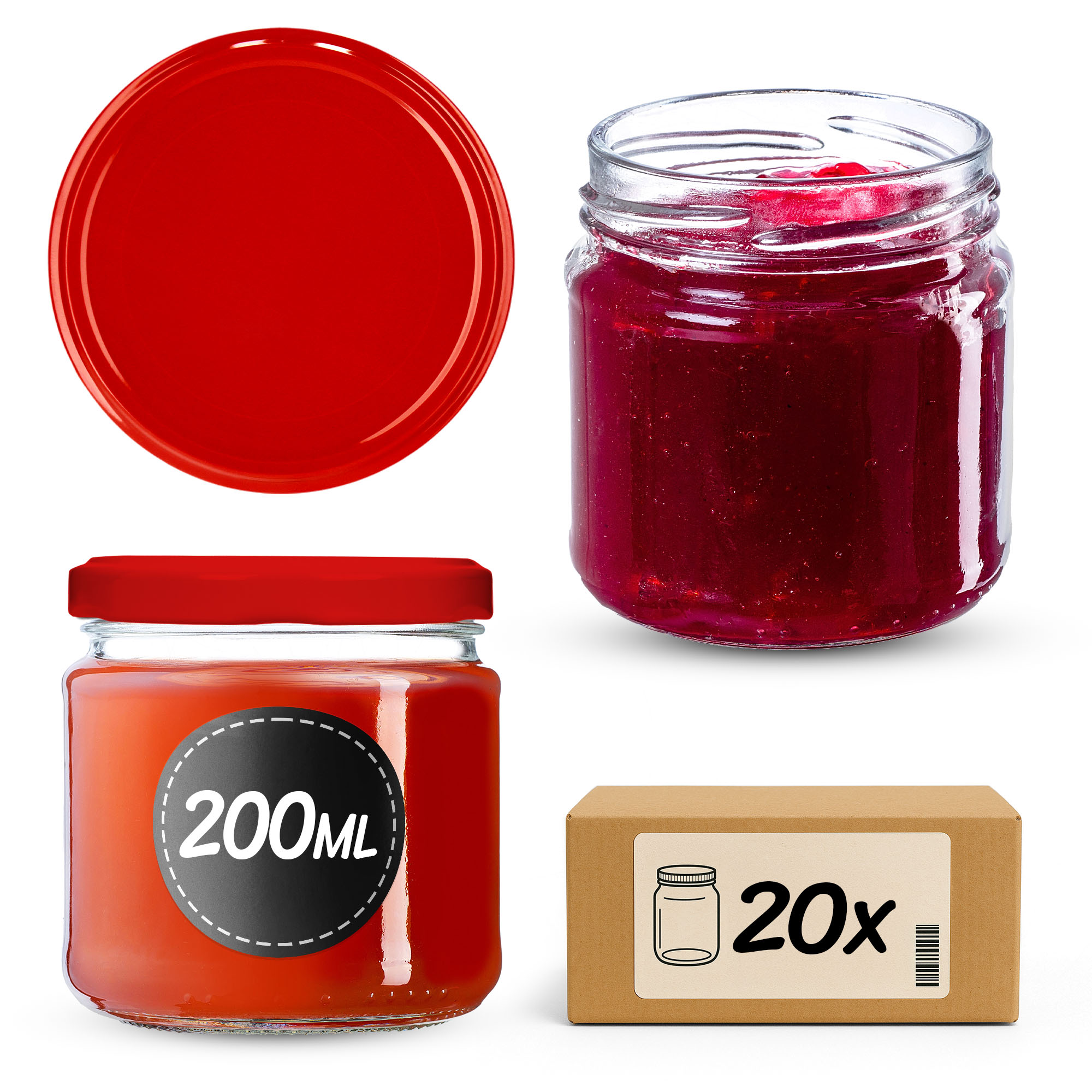 Słoiki na przetwory Lerma 200ml 20szt 66mm + wieczka czerwone