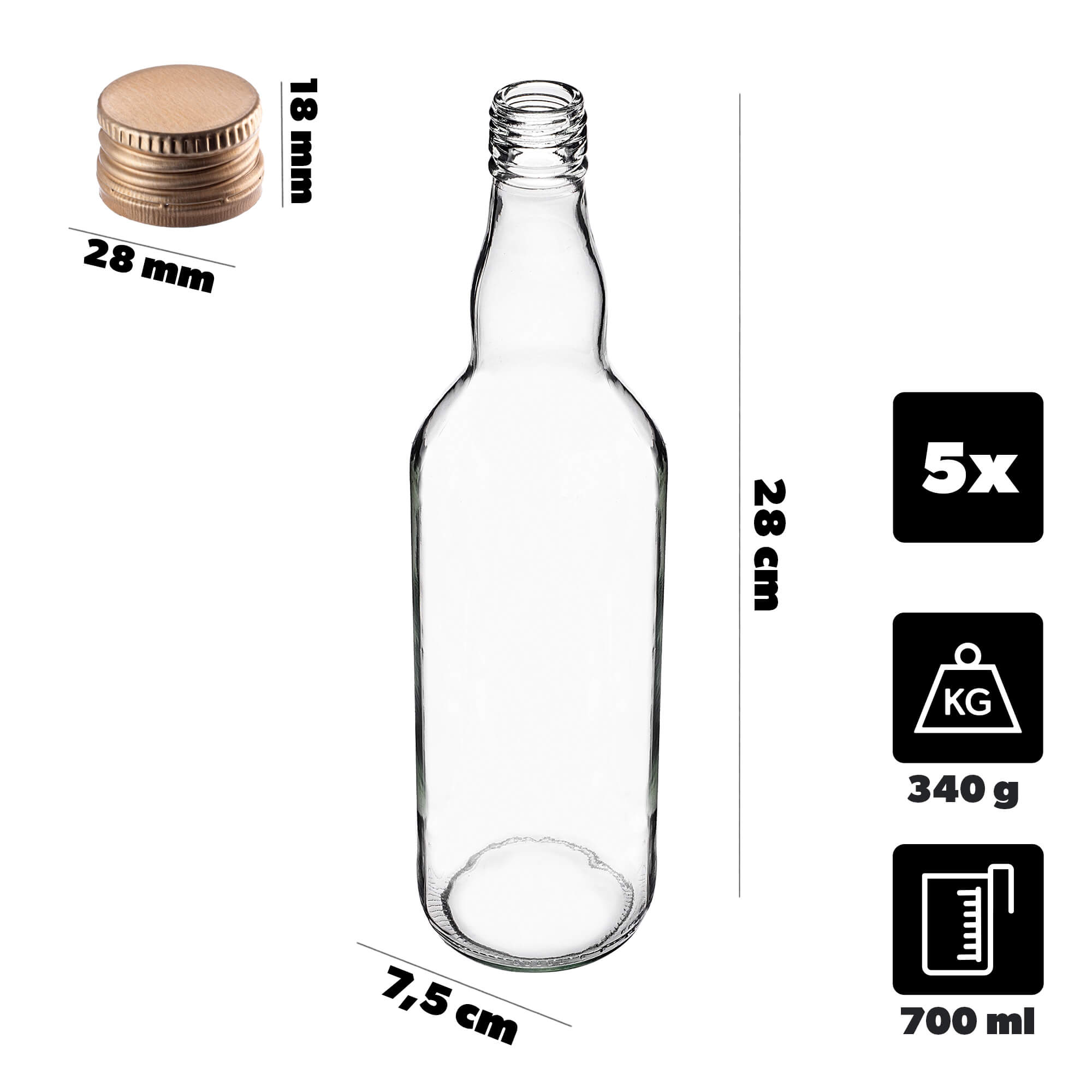 Szklana butelka Monopol 700ml ze złotą zakrętką 5 szt.