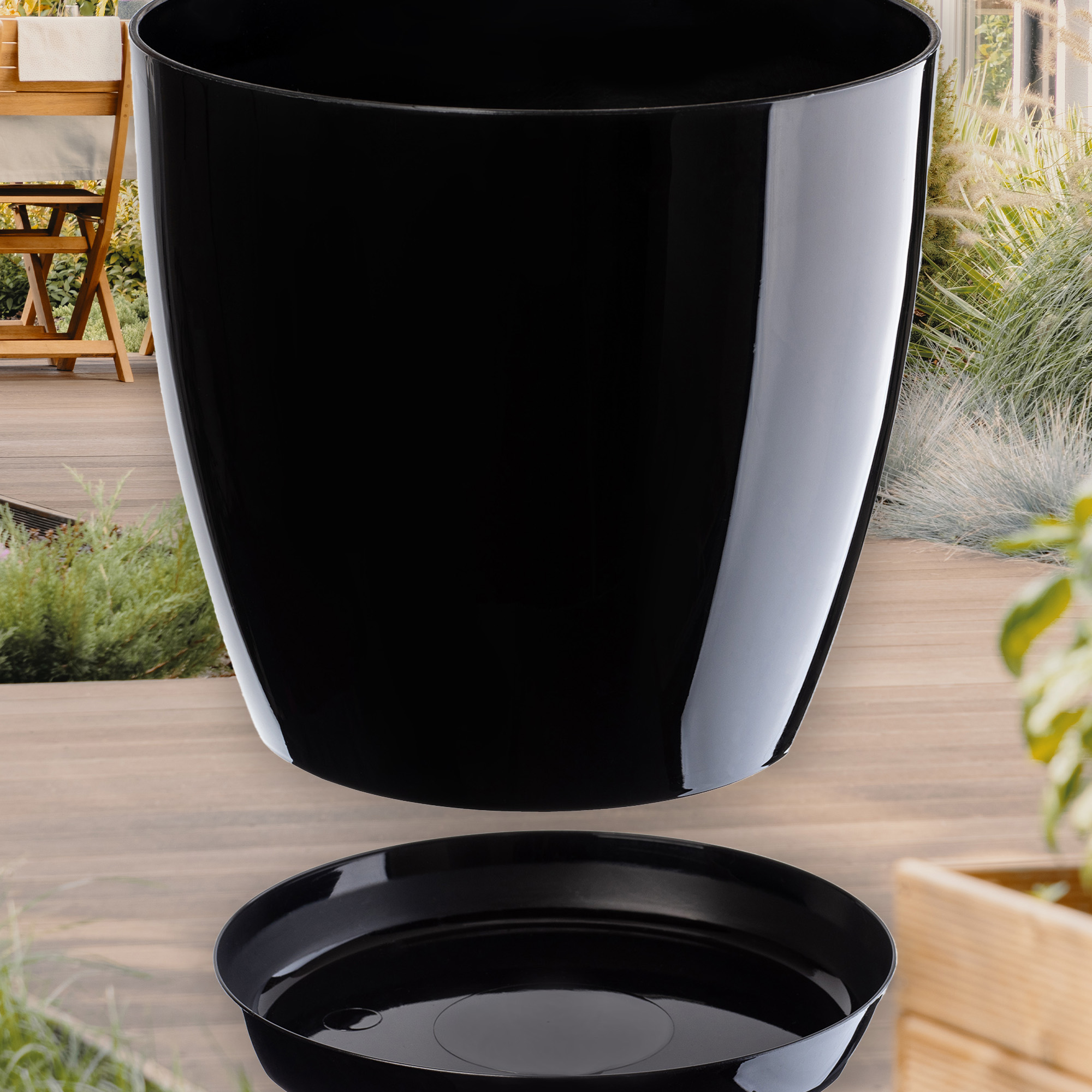 Doniczka na kwiaty z podstawką czarna 18 cm + 20 cm, 2 szt.