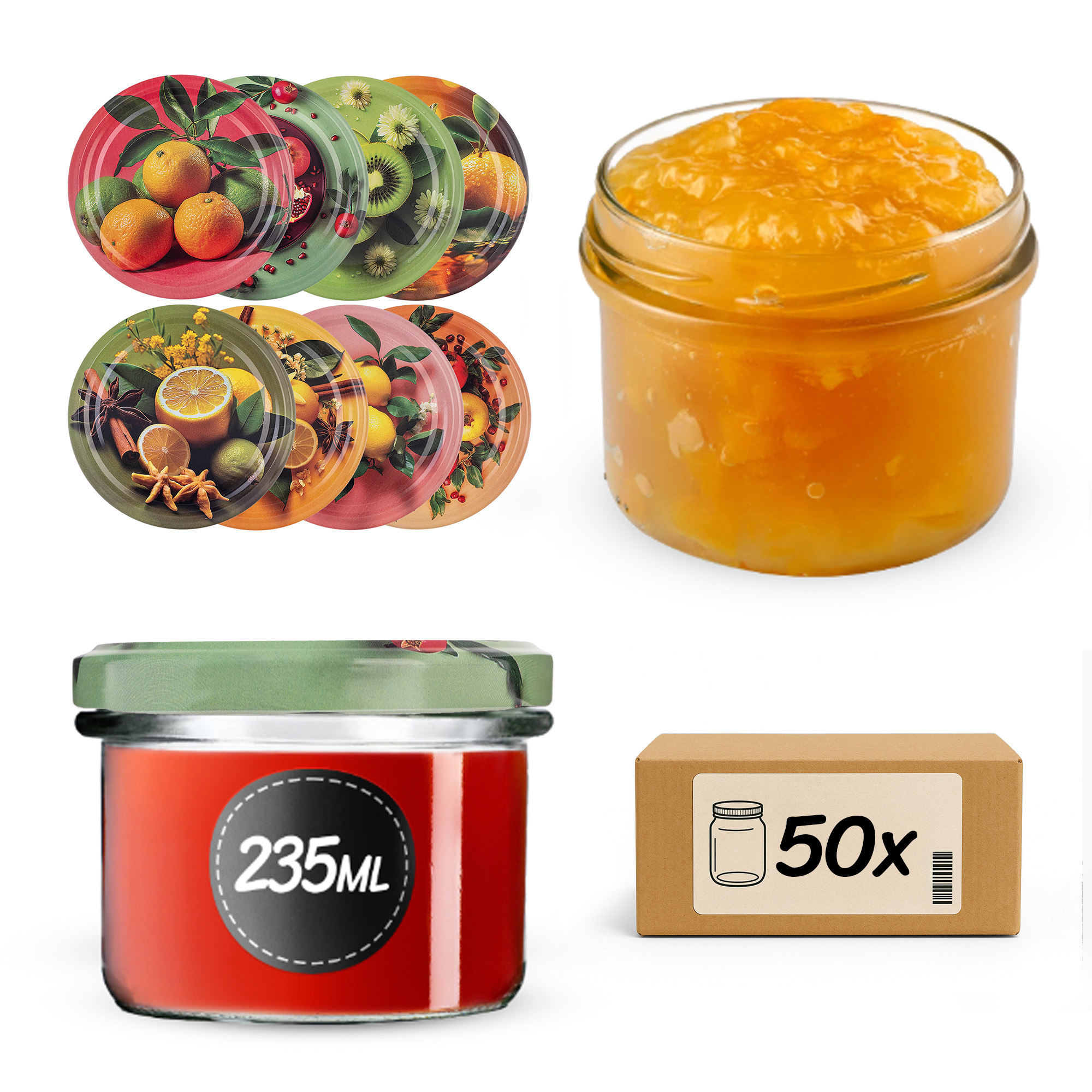 Słoiki na przetwory Tartu 235ml fi82mm 50szt + wieczko Egzotyczne owoce