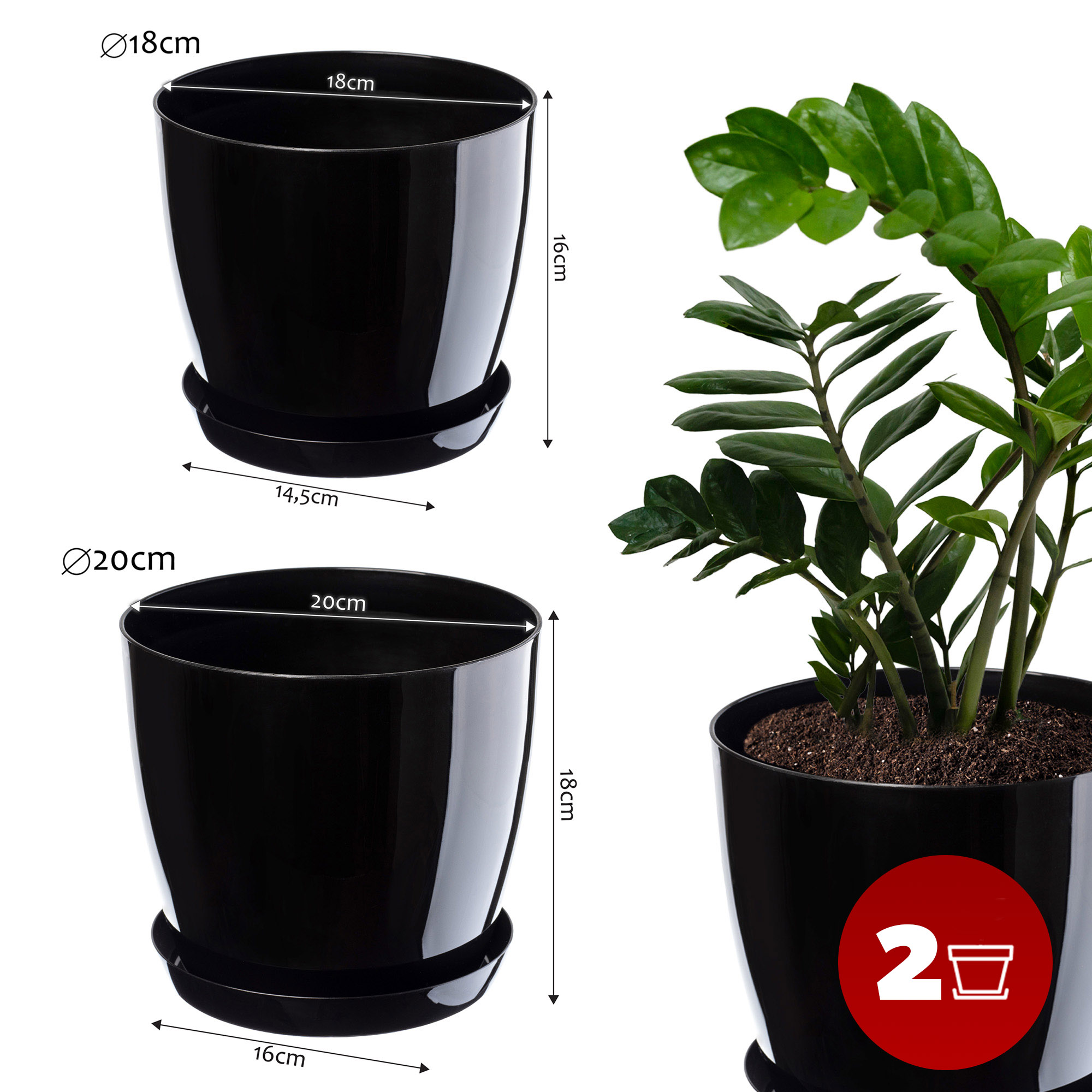 Doniczka na kwiaty z podstawką czarna 18 cm + 20 cm, 2 szt.