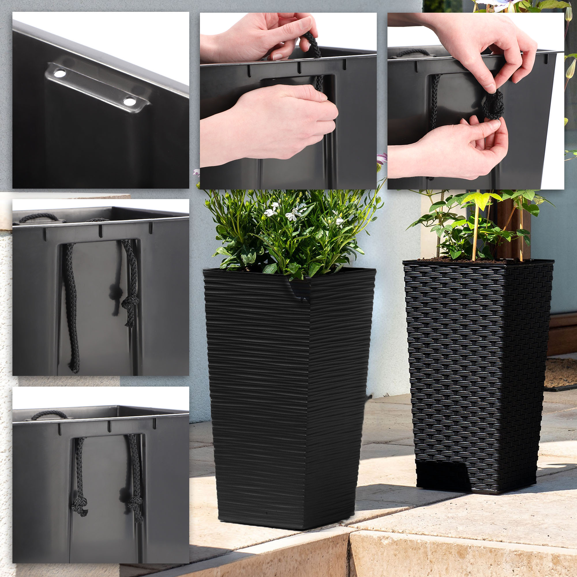 Donice na kwiaty z wkładem Pesaro rattan 30 cm + 35 cm + 40 cm, czarne