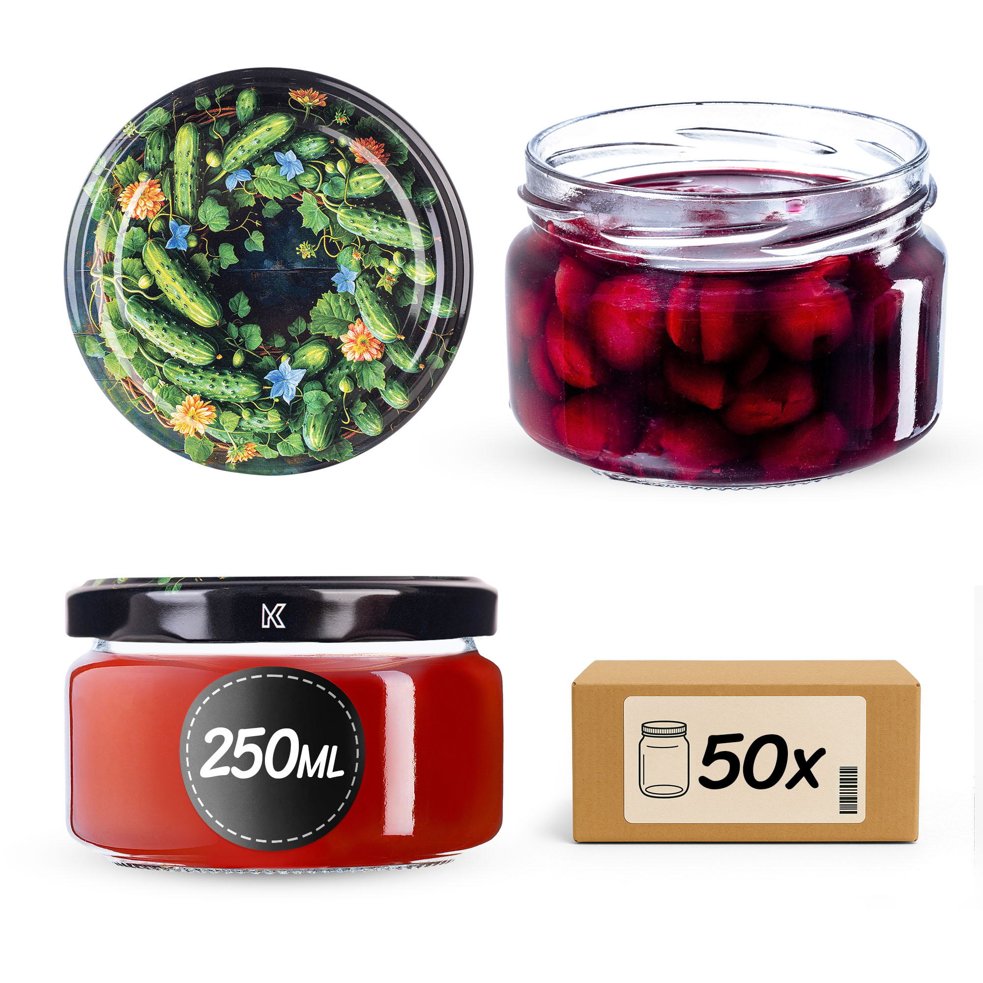 Słoiki na przetwory Denia 250ml 50szt 82mm + wieczko "Ogórki czarne"