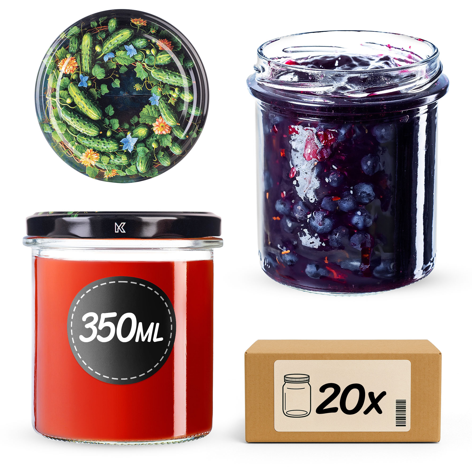 Słoiki na przetwory Avila 350ml fi82mm 20szt + wieczko Ogórki czarne