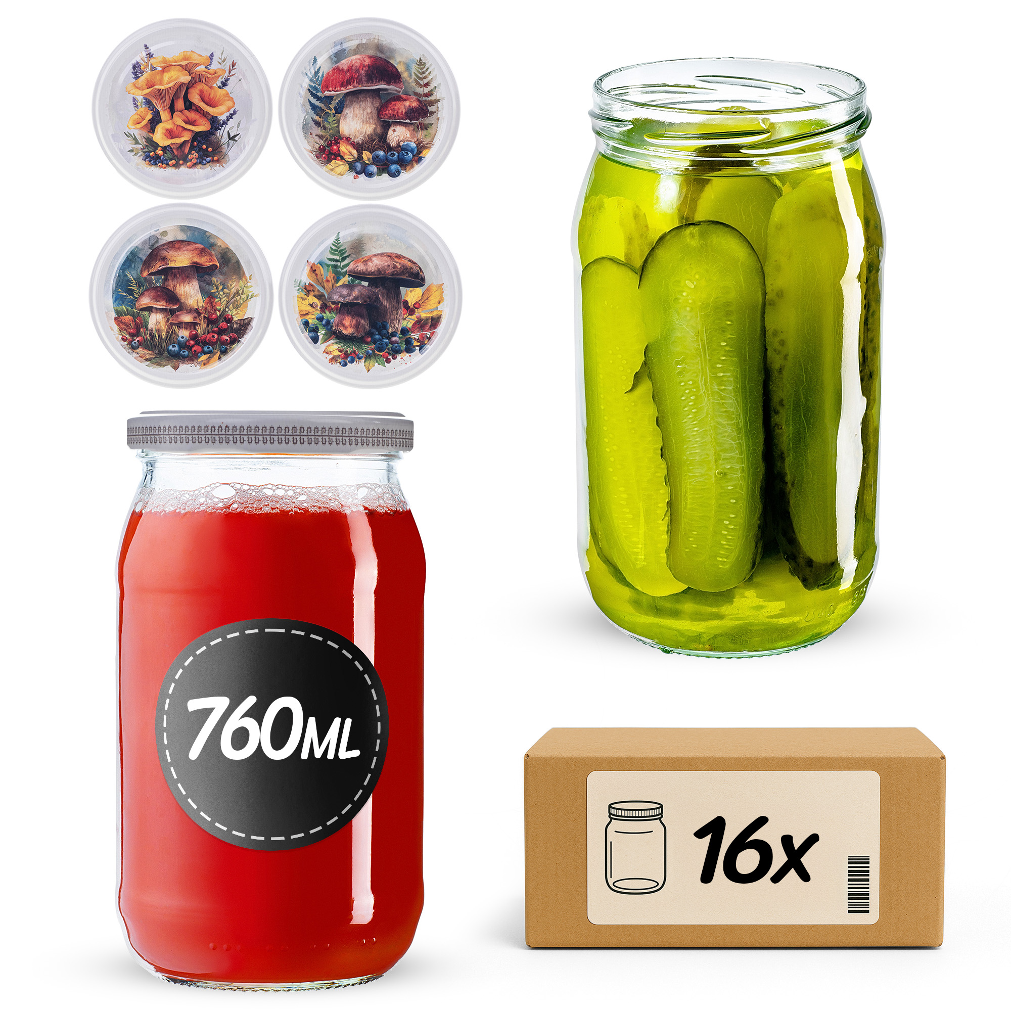 Słoiki na przetwory Niva 760ml fi82mm 16szt + wieczko Grzyb akwarela