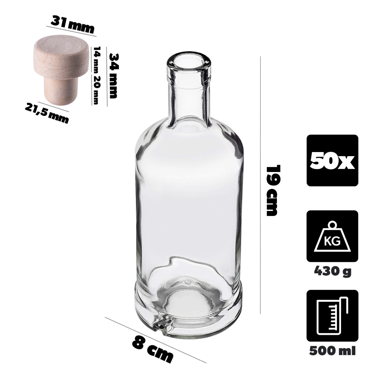 Szklana butelka na alkohole Tadek 500ml z korkiem syntetycznym 50 szt.