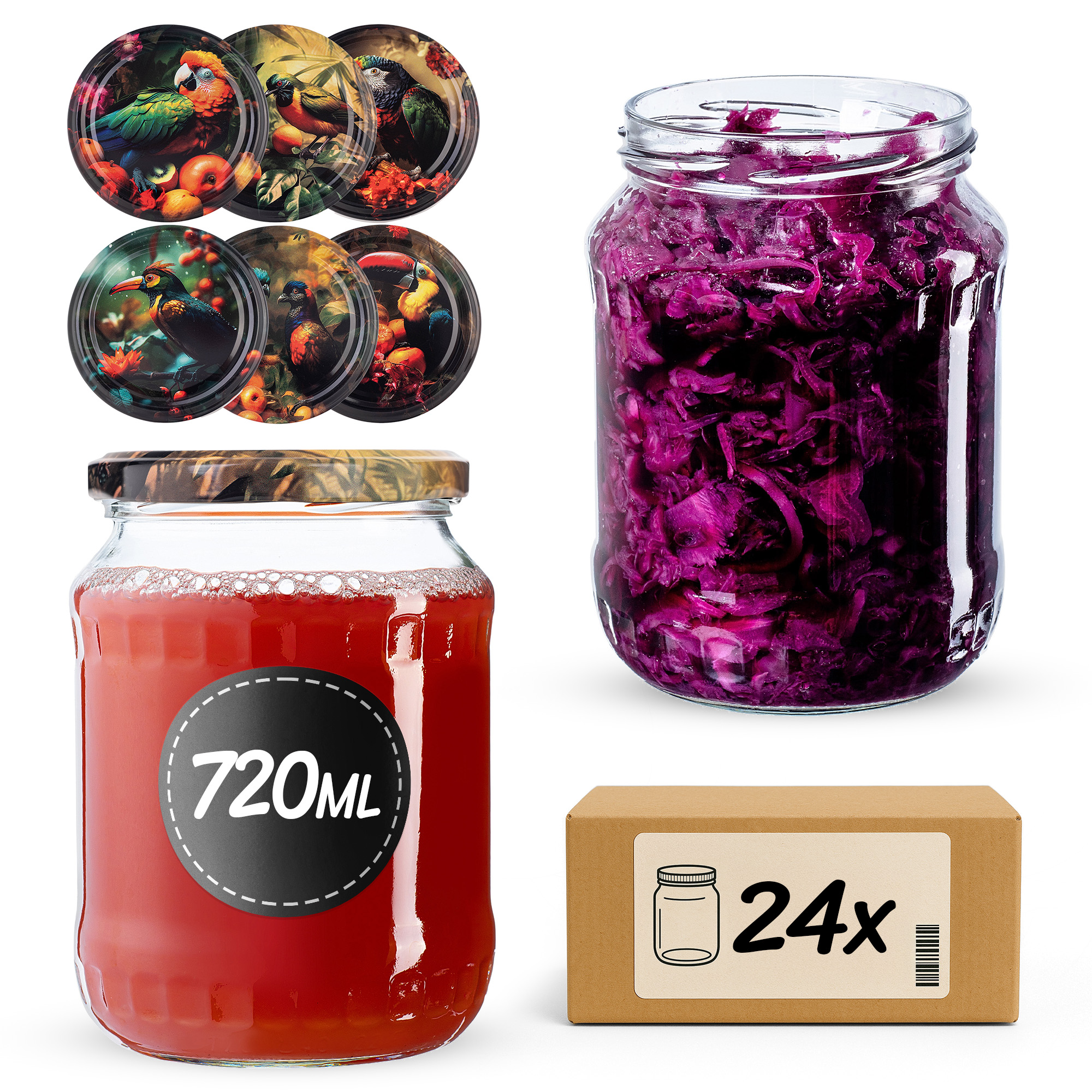 Słoiki na przetwory Jukka 720ml fi82mm 24szt + wieczko Ptaki