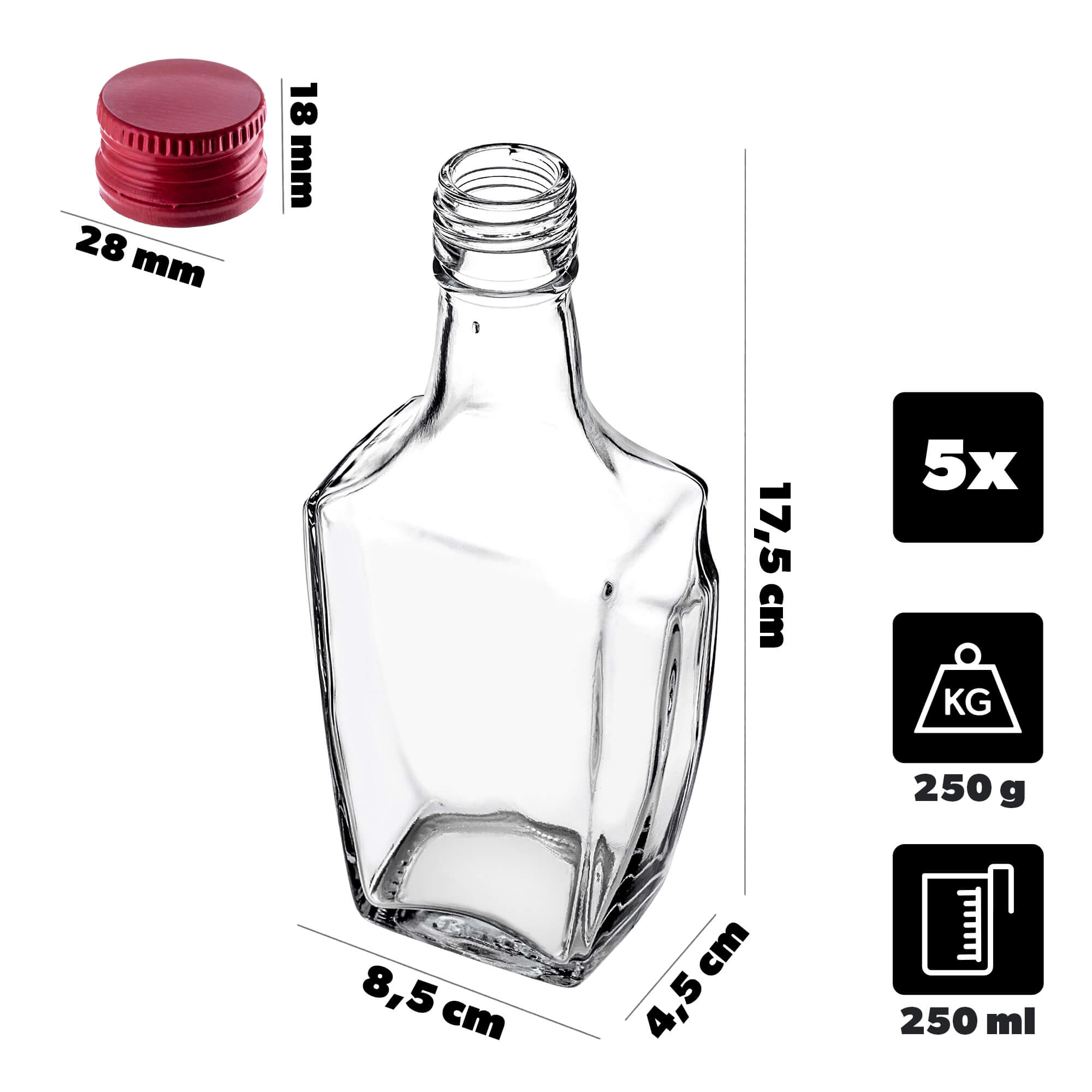 Szklana butelka na nalewkę Faenza 250ml z czerwoną zakrętką 5 szt.