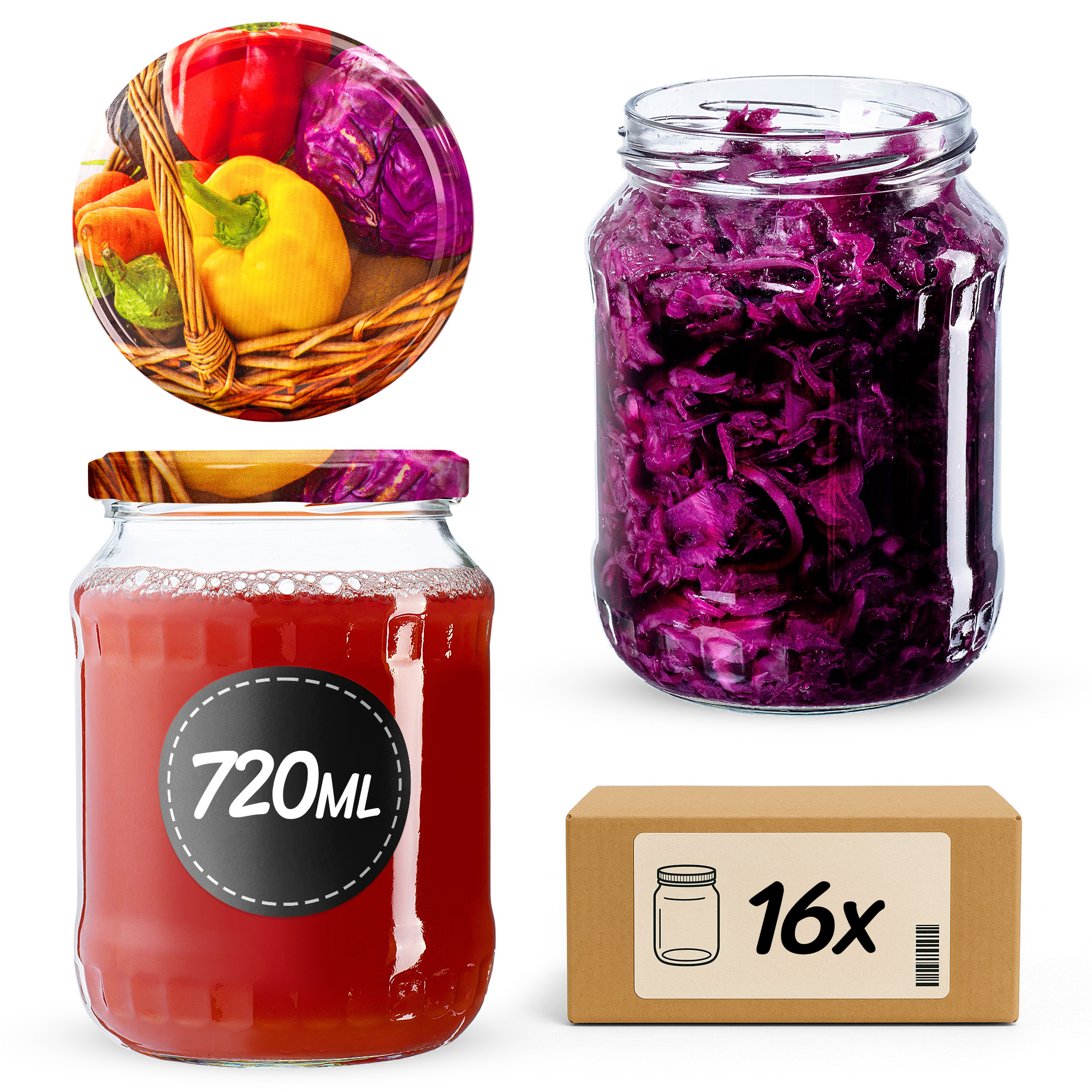 Słoiki na przetwory Jukka 720ml fi82mm 16szt + wieczko Warzywa