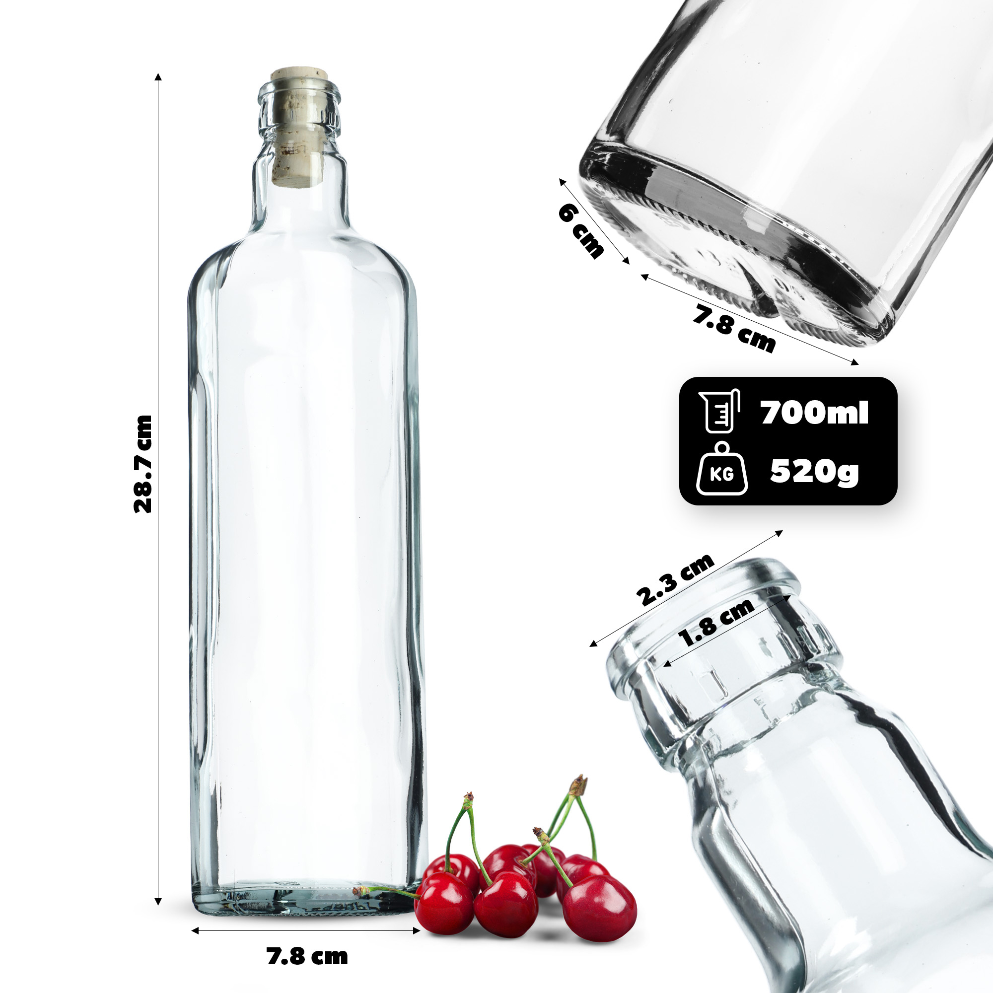 Butelka z korkiem Rotzo 0,7L z korkiem fi21, 8 szt.