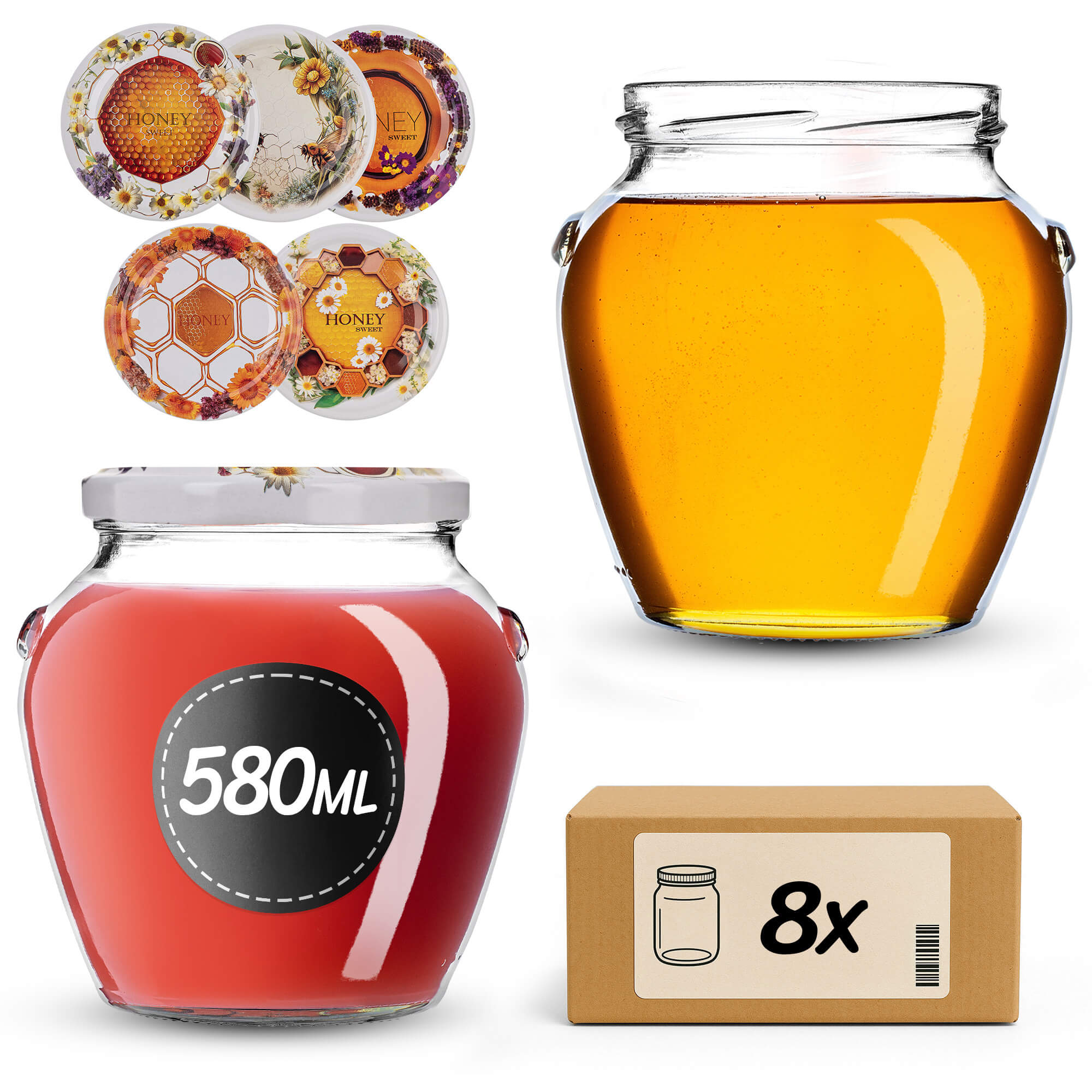 Słoiki na przetwory Sassa 580ml 8szt 82mm + wieczka "Słodki miód"