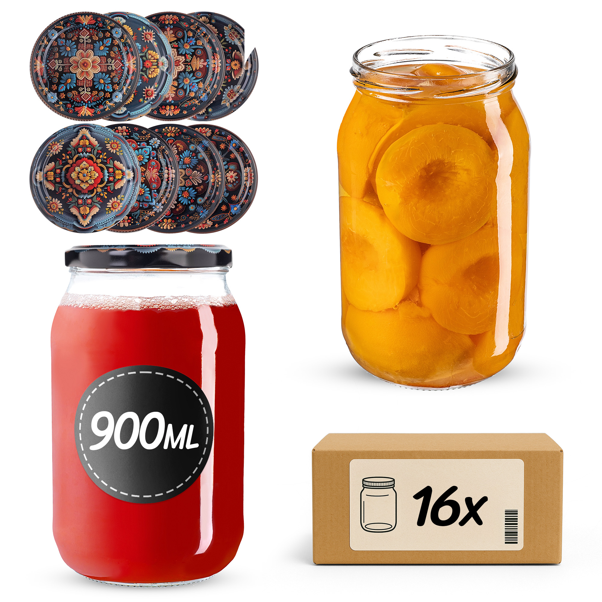 Słoiki na przetwory Simo 900ml fi82mm 16szt + wieczko Haftowanka