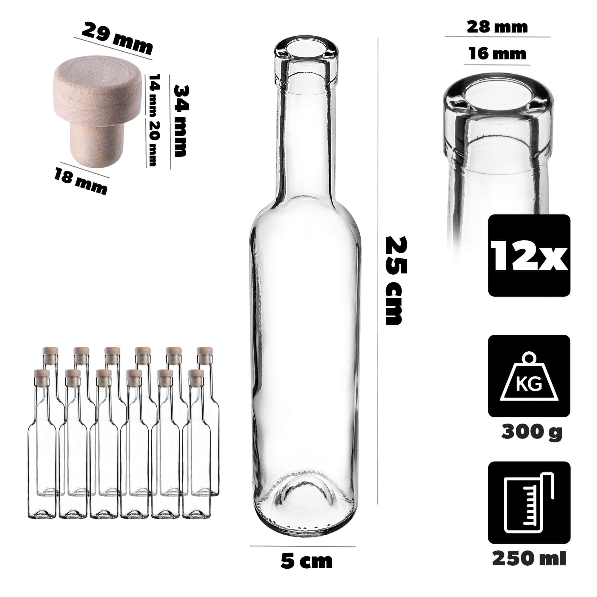 Butelka z korkiem Mocali 0,25L z korkiem fi17, 12 szt.