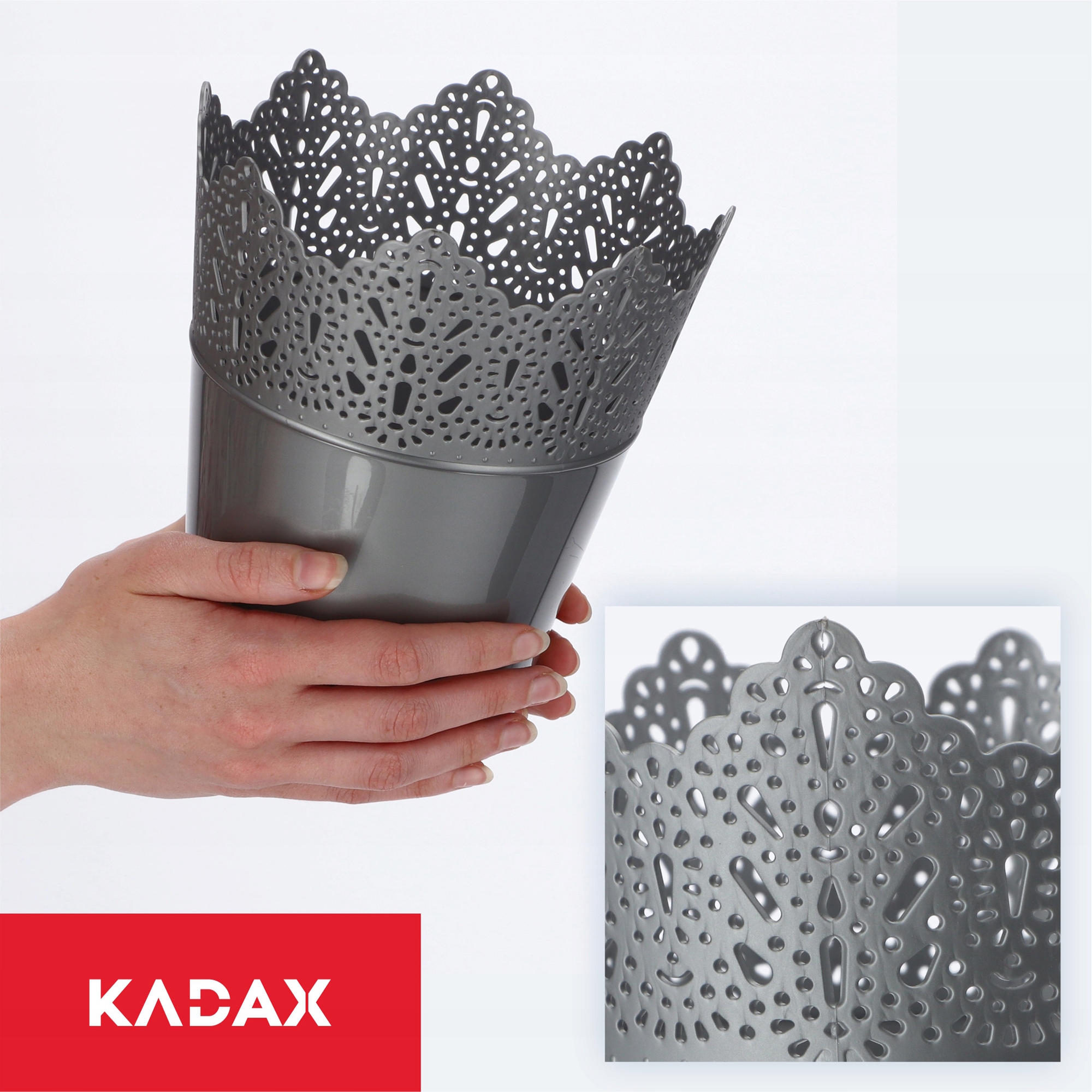 Doniczka Calade na kwiaty z koronką 16 x 18 cm, srebrna