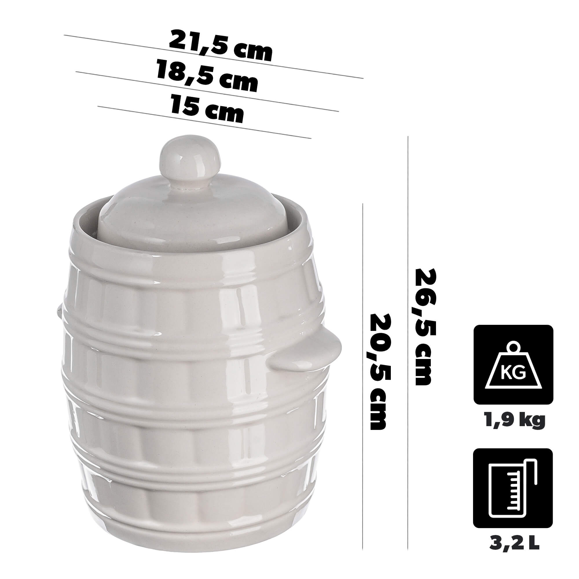 Beczka kamionkowa Helios 3.2L z kołnierzem i pokrywką kremowa