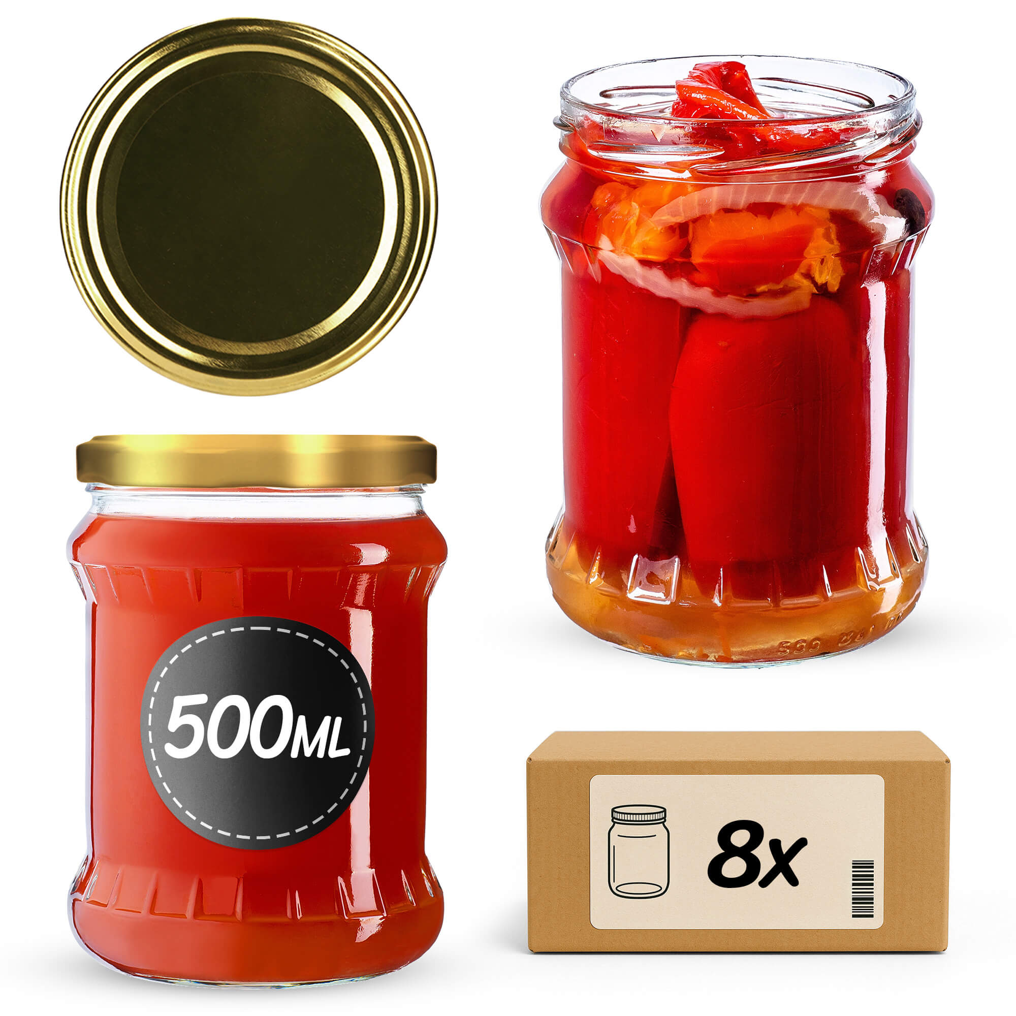Słoiki na przetwory Kisko 500ml 8szt 82mm + wieczka złote